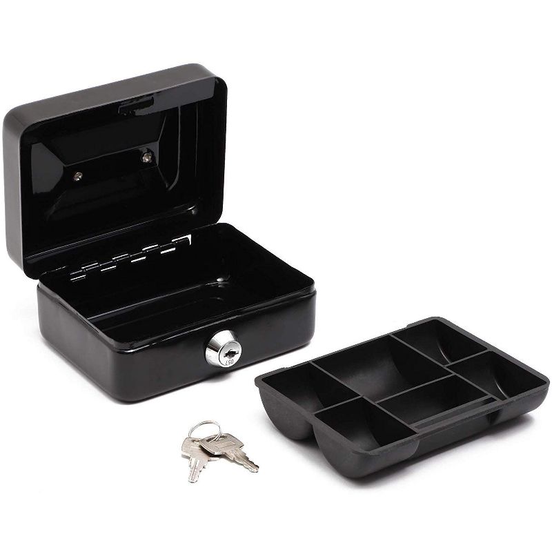 Paper Junkie Small Money Safe Key Lock Box with Coin Slot Portable Metal Cash Box, Securie Bill Storage Container with Handle, Black