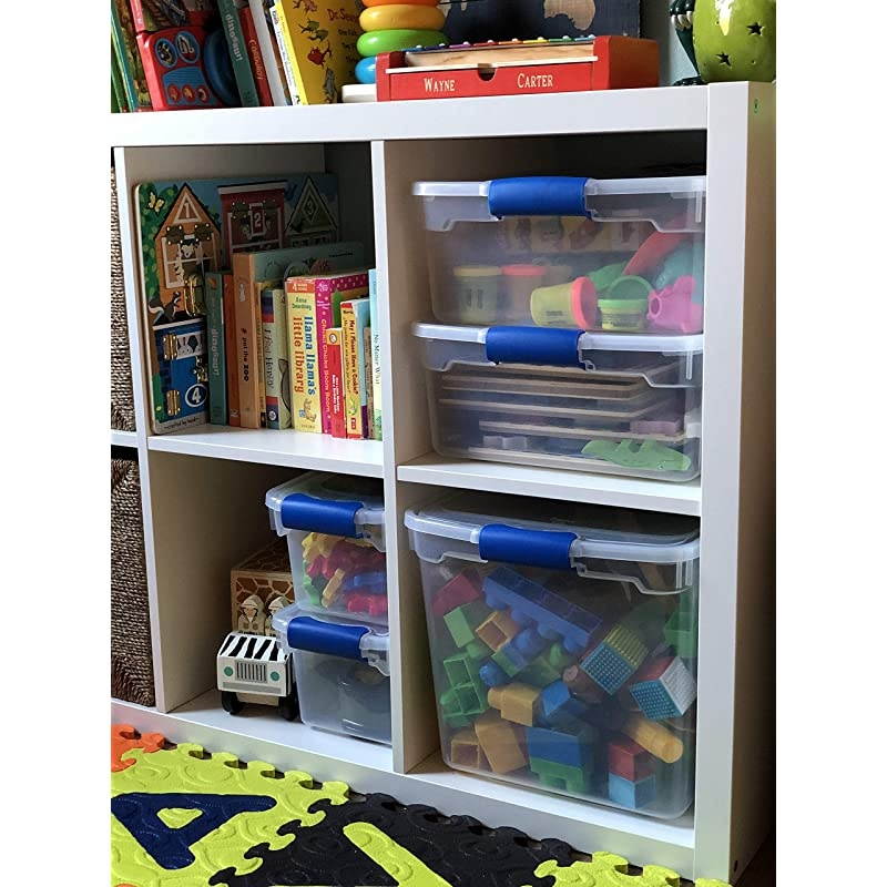 Plastic Storage Modular Stackable Storage Bins with Blue Latching Handles 31 Quart Clear 4Pack