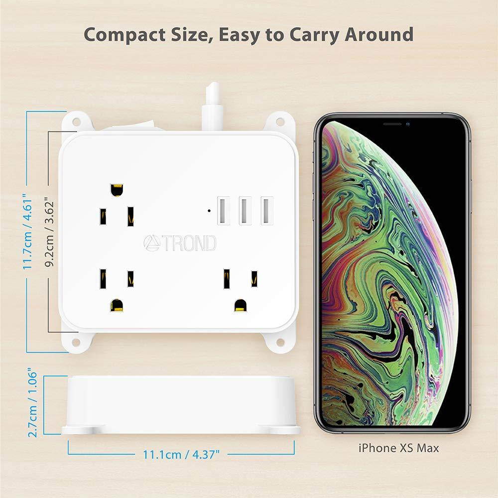 Power Strip with USB, TROND Multi Plug Outlet Splitter with 3 USB Ports, Flat Plug, 3 Widely Spaced Outlets, 4.5ft Extension Cord, Wall Mount, for Cruise Ship Hotel Nightstand Office
