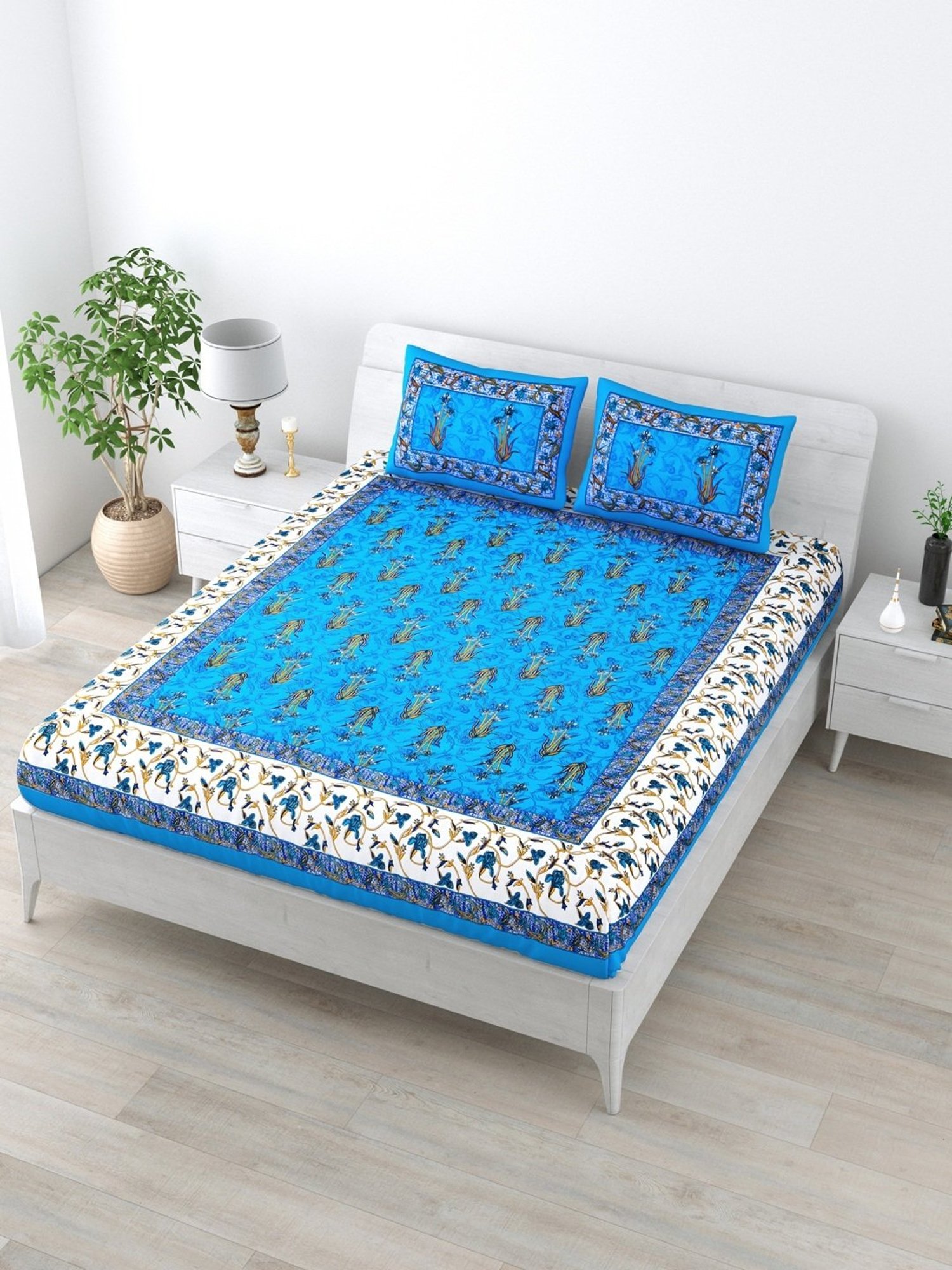 Living Roots Jaipuri Blue 210 TC Cotton Queen Bed Sheet with 2 Pillow Covers