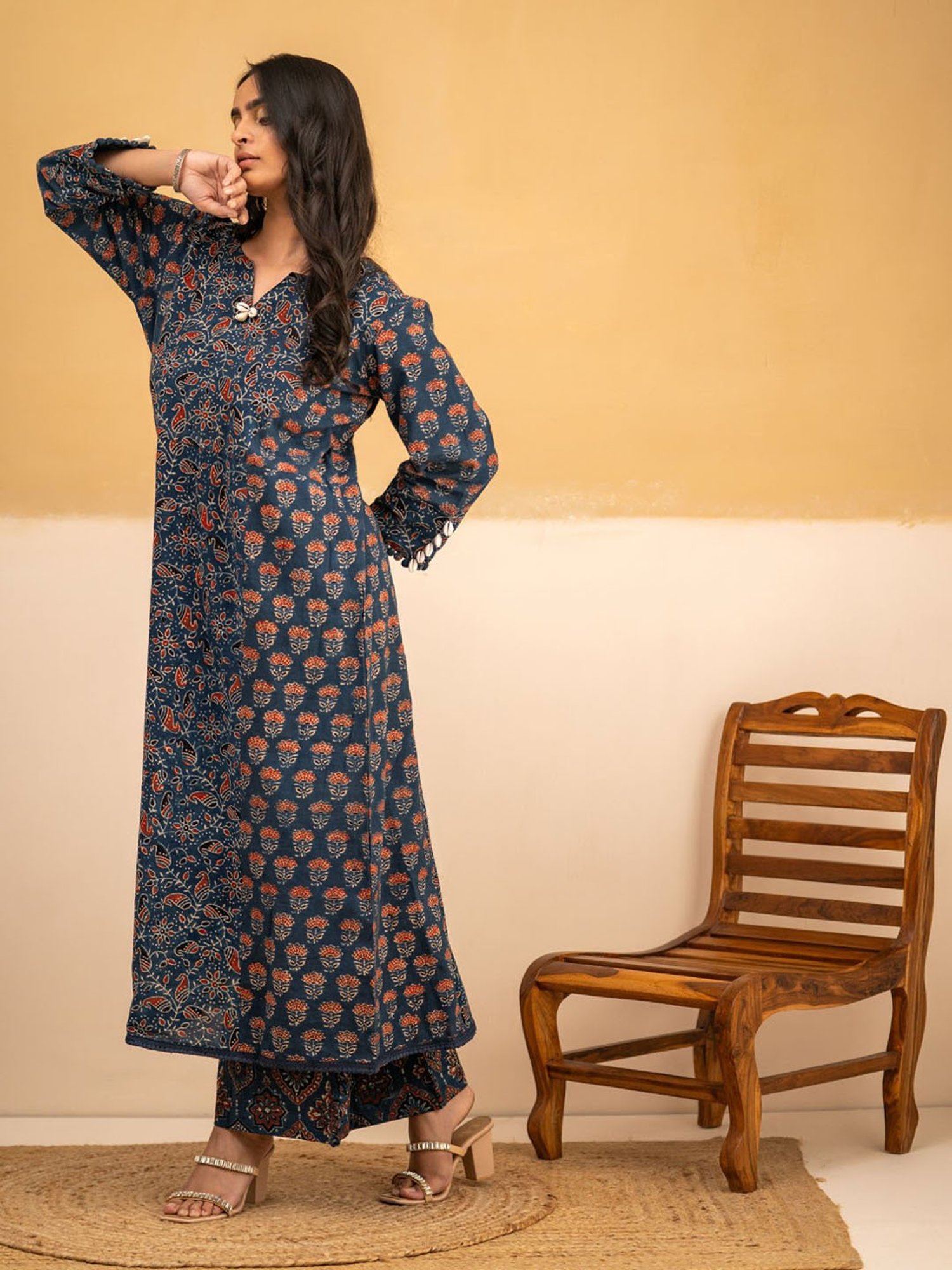 Love Chic Ajrakh A-Line Kurta with cowrie shells and crochet lace detailing