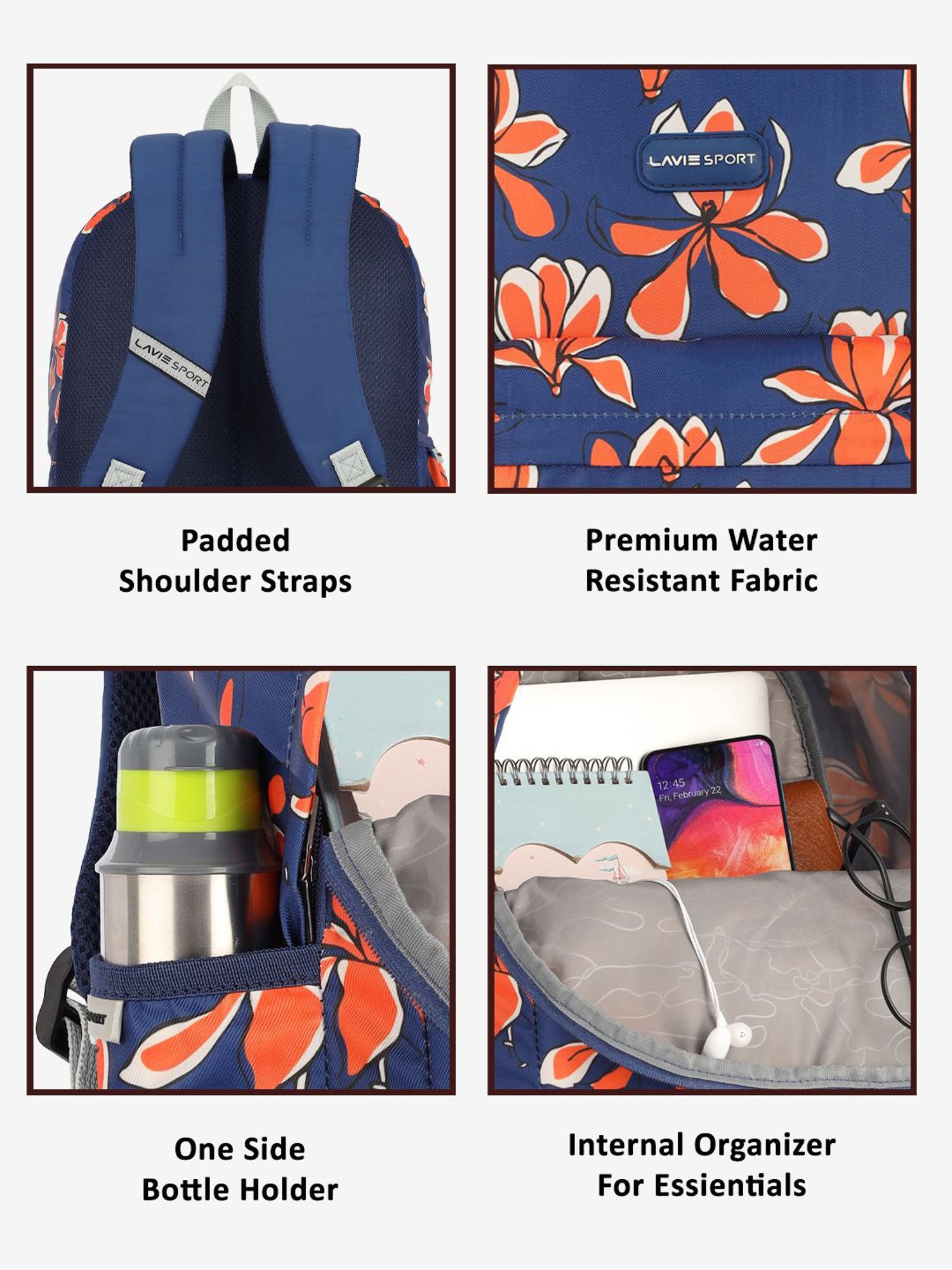 Lavie Sport Bloomy 18L Printed Casual Backpack |School Bag for Girls (Navy)