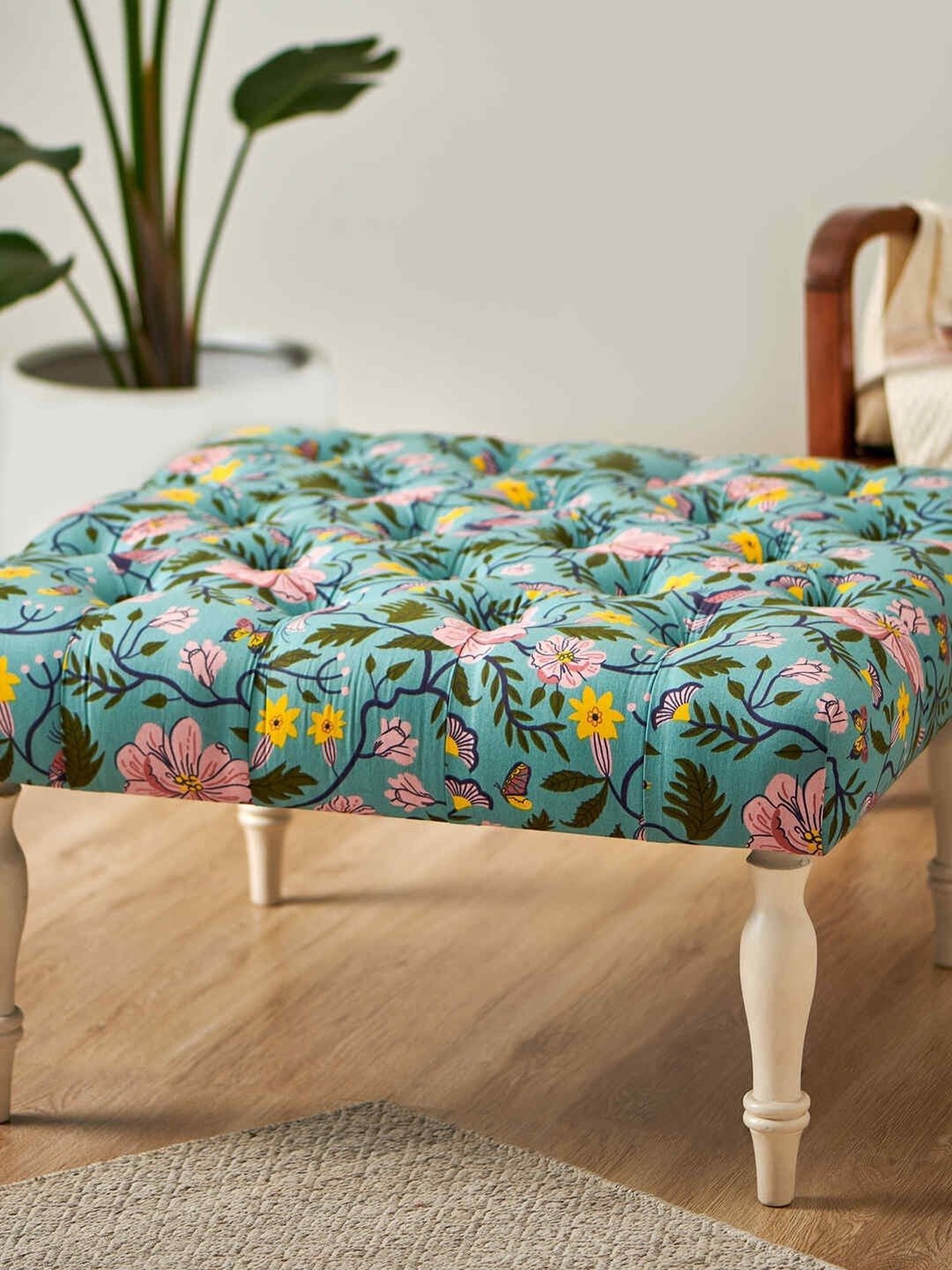 Chumbak The English Spring Bloom Floral Black Wood Ottoman