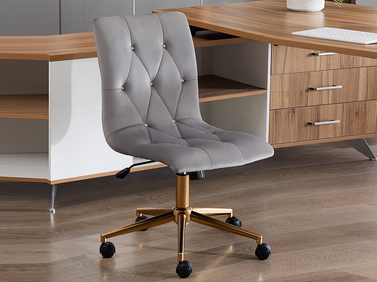 Swivel Height Adjustable Task Chair Armless Velvet Tufted Office Chair