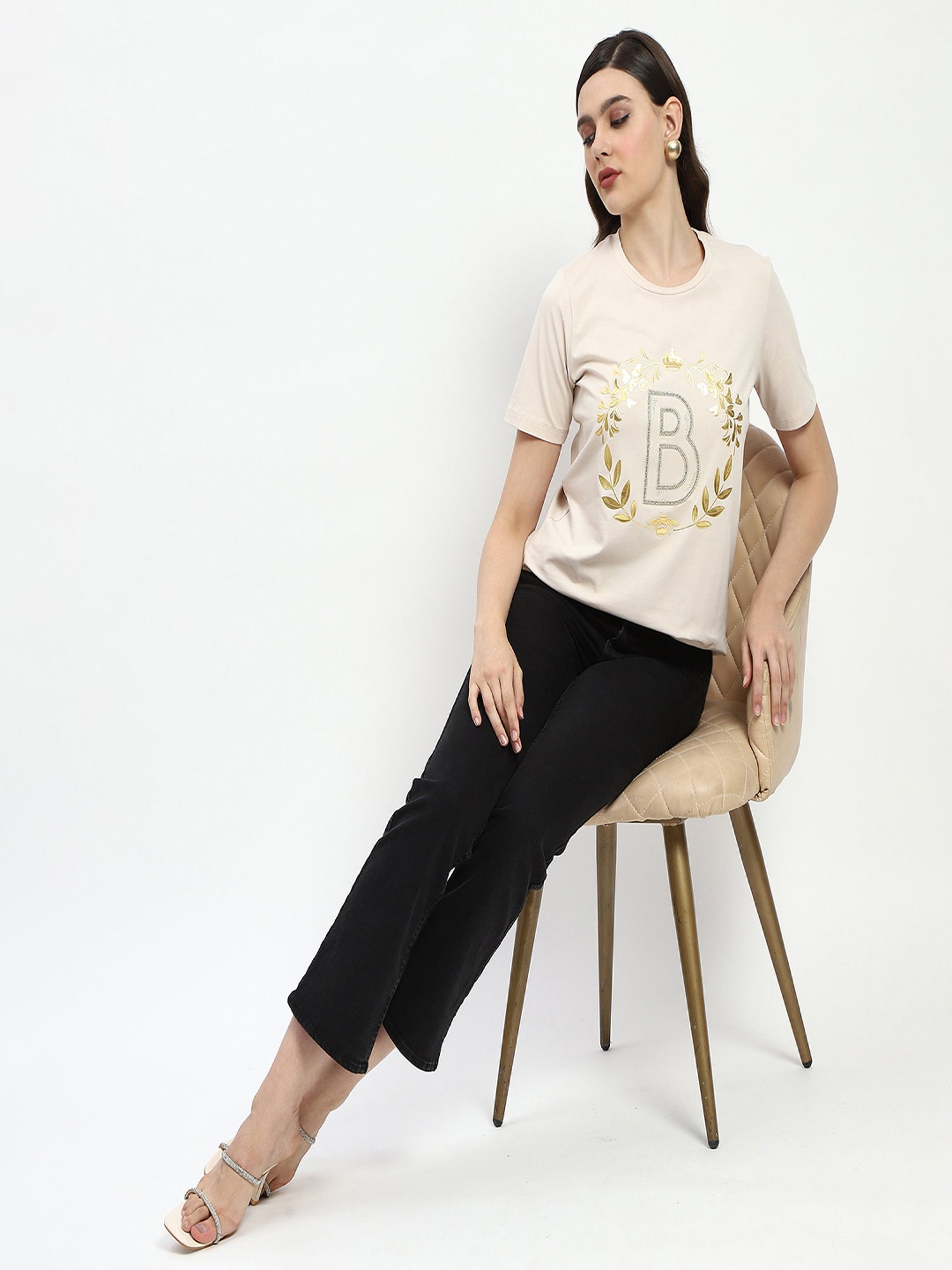MADAME Beige Embellished T-Shirt