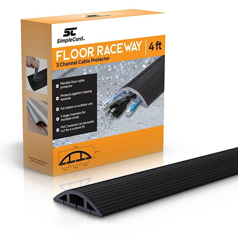 Cord Floor Cord Cover 4 Ft Black Duct Cord Protector Covers Cables Cords or Wires 3 Channel On Floor Raceway for Sidewalks or Walkways in The Home or Office Doorways 4 ft