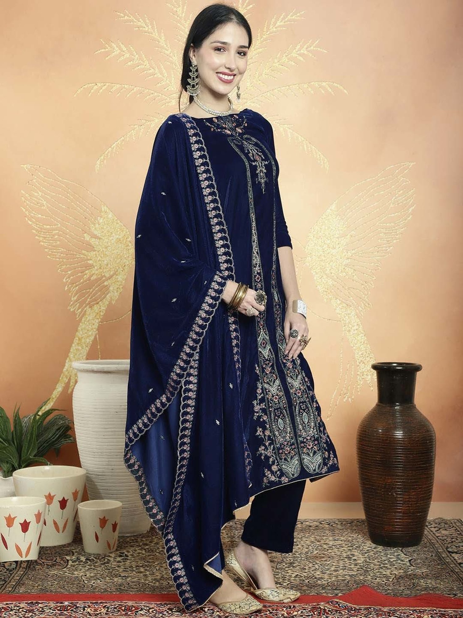 Stylee LIFESTYLE Navy Embroidered Unstitched Dress Material