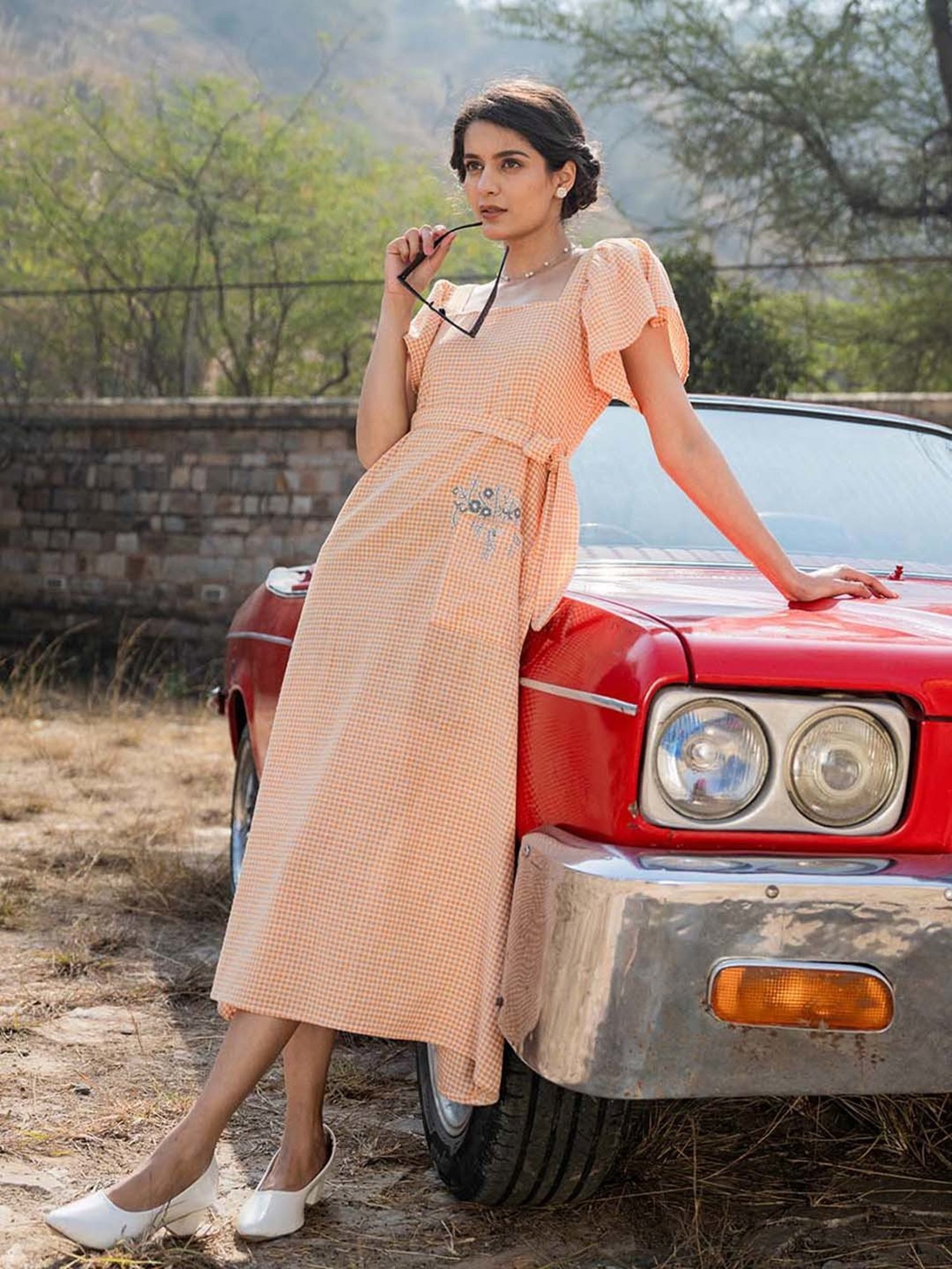 Yufta Orange Embroidered Ethnic Dresses