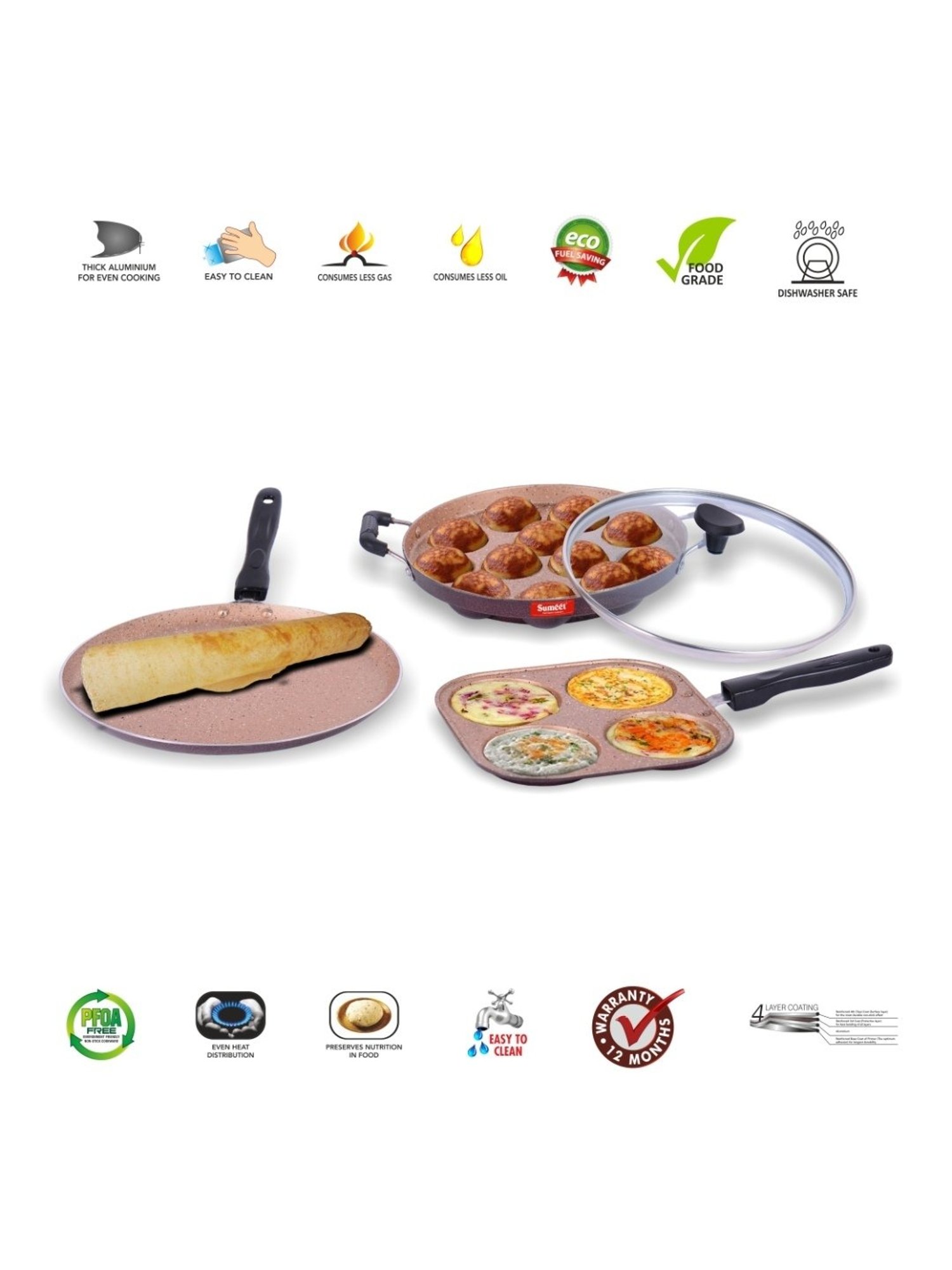 Sumeet Nonstick Granite Combo Set(Mini Multi Snack Maker+Dosa Tawa+Grill Appam Patra With Glass Lid)