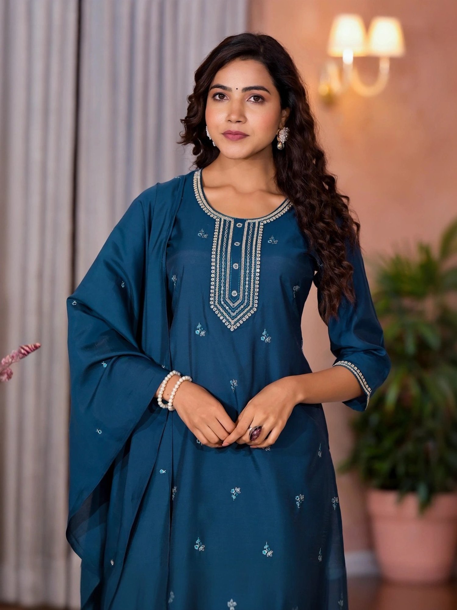 Juniper Blue Embroidered Kurta Pant Set With Dupatta