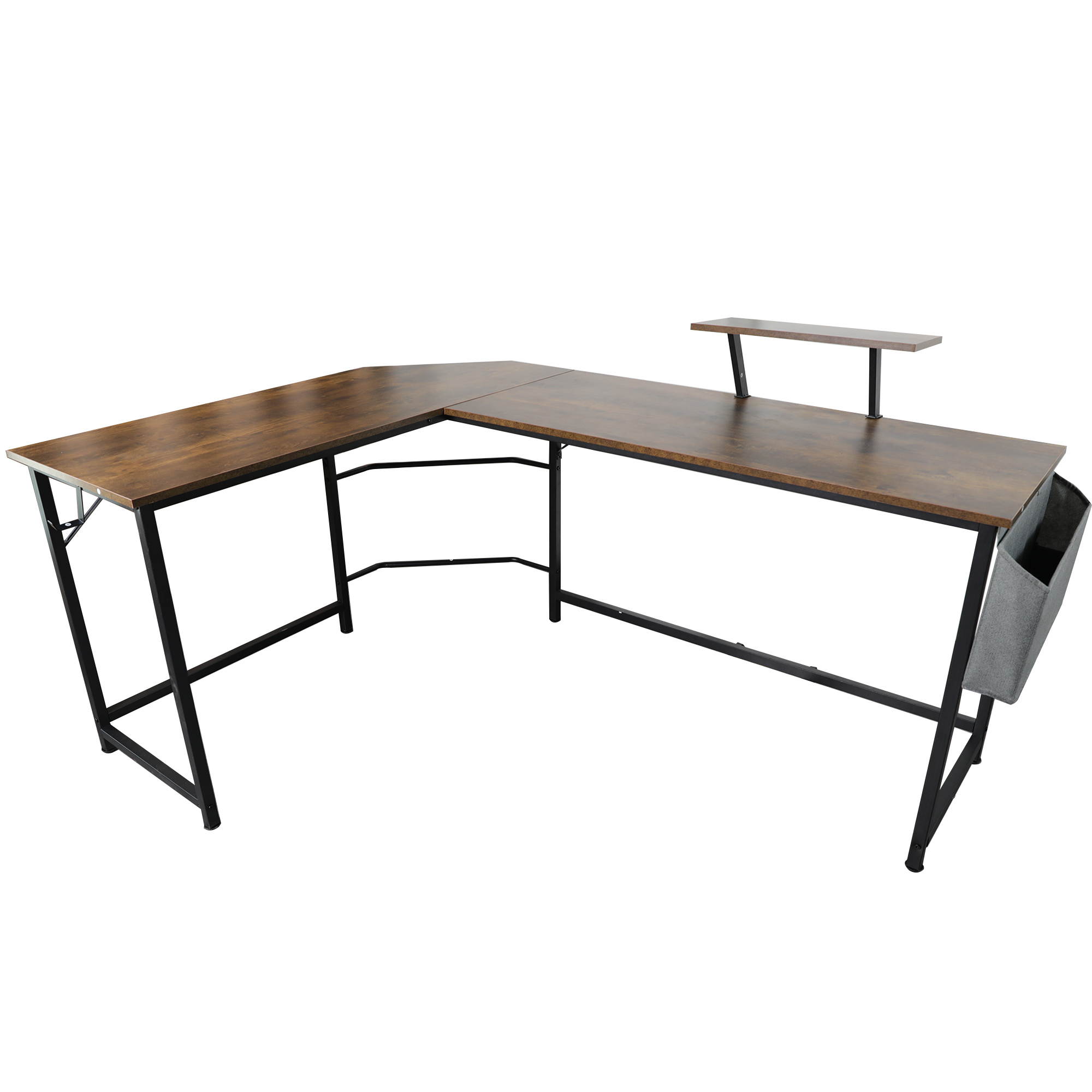 66" L Shape Desk Computer Desk Study Writing Table Home Office Desk Gaming Desk with Bag Hook and Cloth Drawer Storage Bag,Wood & Metal Pella Oak