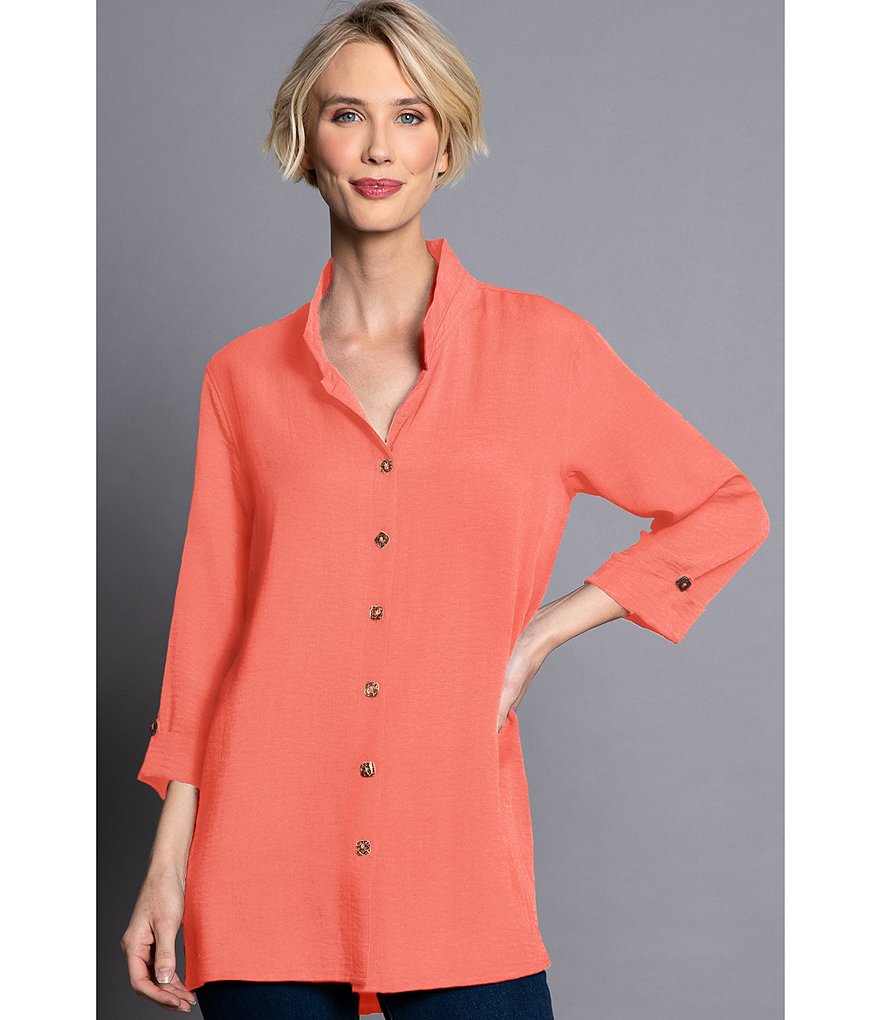 John Mark Crinkle Wire Collar 3/4 Roll Tab Sleeve Blouse