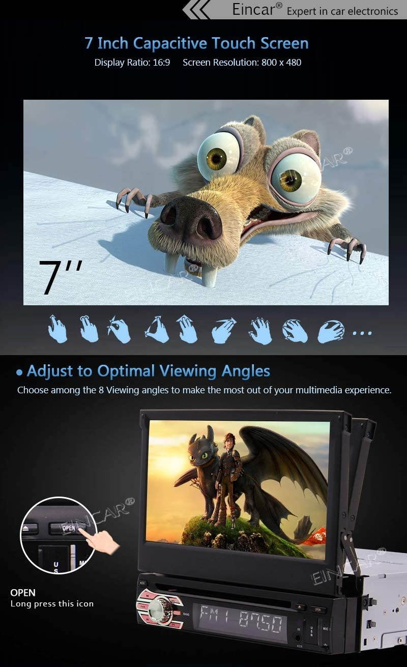 EinCar Single Din Car Stereo GPS Radio Bluetooth CD DVD Player System in Dash AM FM Retractable HD Touch Screen Detachable Front Panel Head Unit Support SWC Remote Control + Rear View Camera