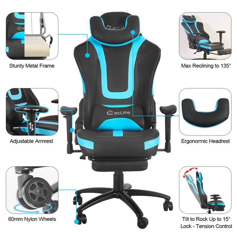 Eclife PC Gaming Chair Massage game chair/ergonomic design/office chair/Racing Style Gaming Chair/provide you with a comfortable game office environment (Blue)