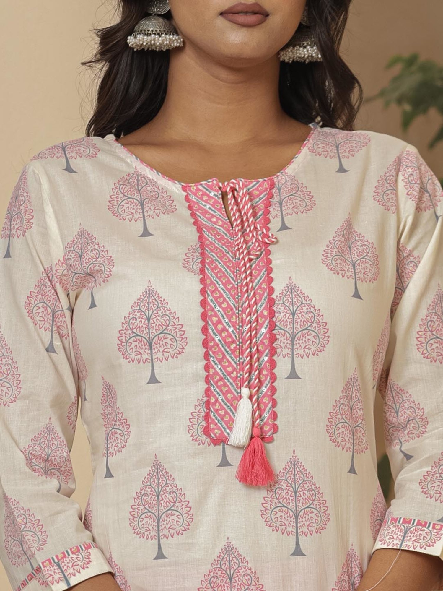 Yufta White & Pink Cotton Printed Kurta & Pant Set with Dupatta