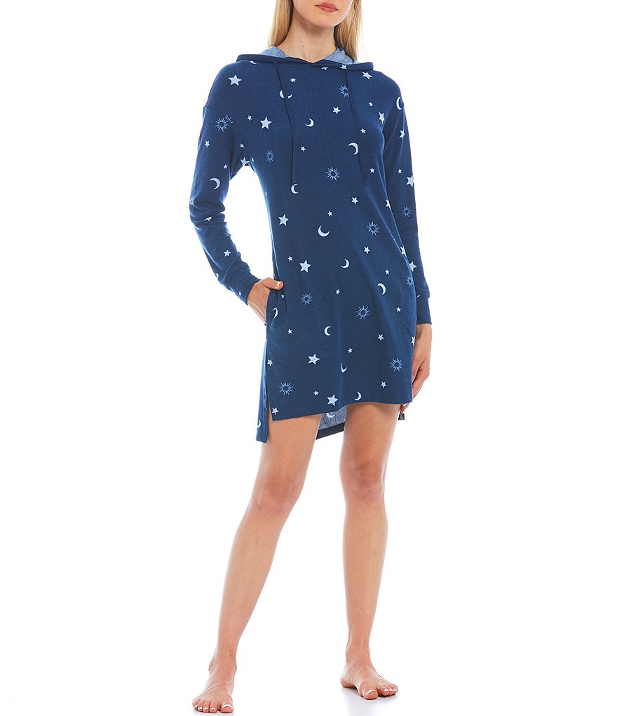 Jasmine & Ginger Celestial Print Brushed Knit Long Sleeve Hoodie Sleepshirt