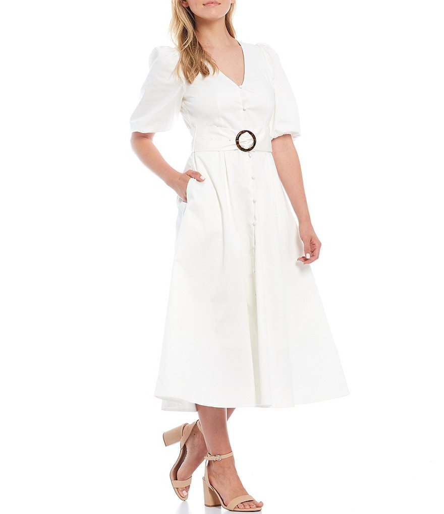 Ted Baker London Popppyy V-Neck Belted Waist Puff Sleeve Midi Dress