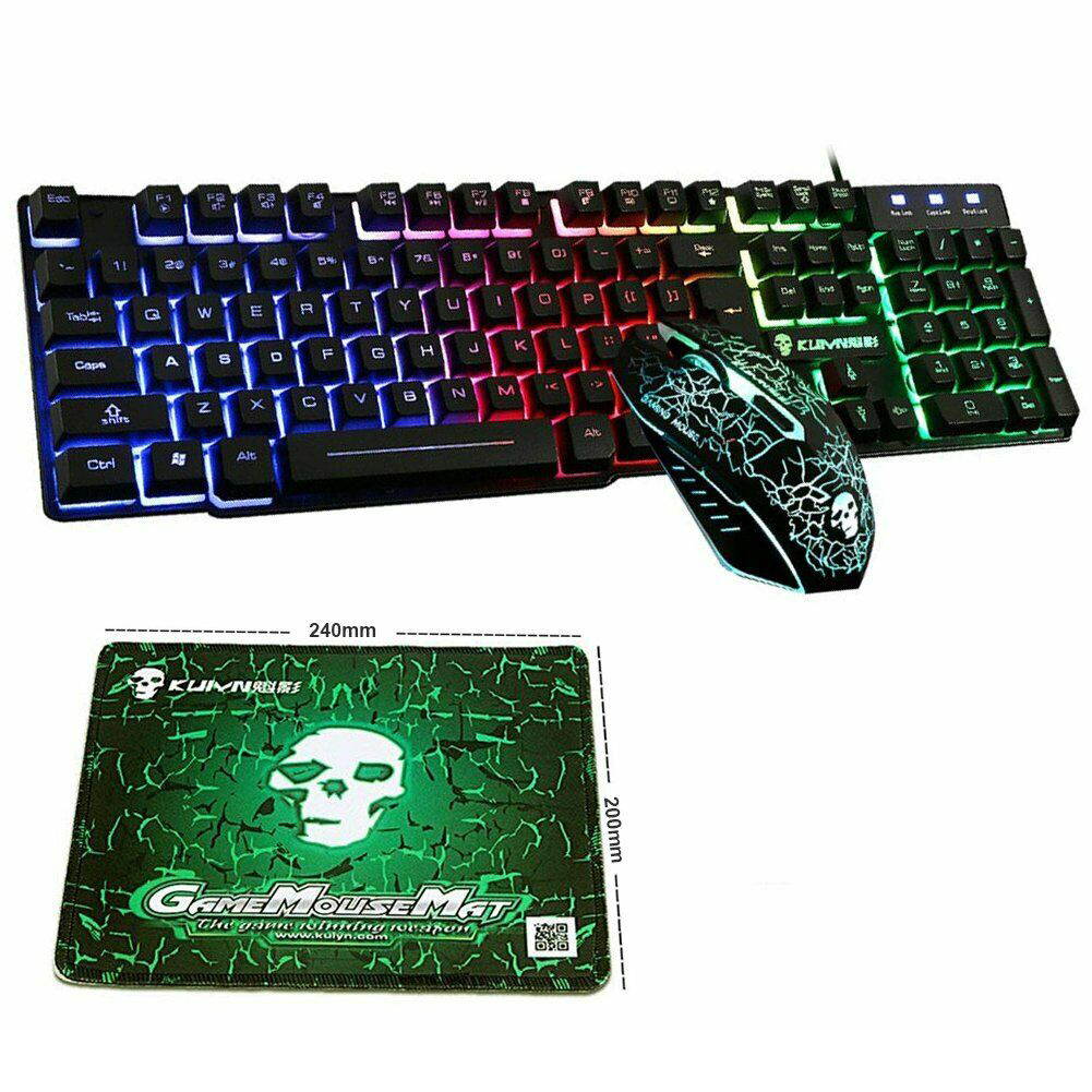 FADDARE Gaming Keyboard and Mouse USB Combo Large Mouse Pad Set Ergonomic High Mechanical Feel Borderless Rainbow Backlight 2400DPI Adjustment Wired for Windows PC (Keyboard Mouse Mousepad Set)