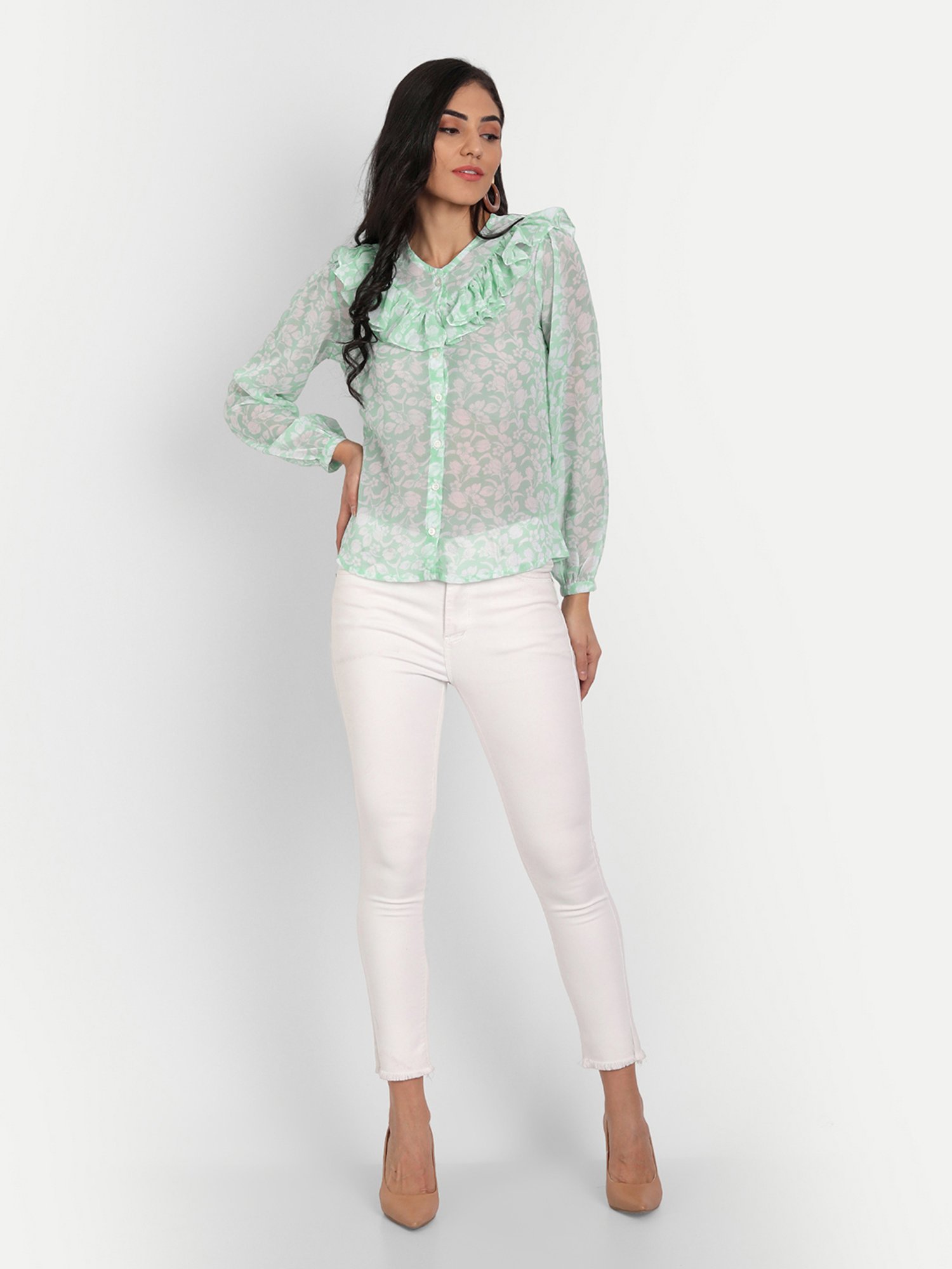 MASAKALI.CO Light Green Floral Print Top