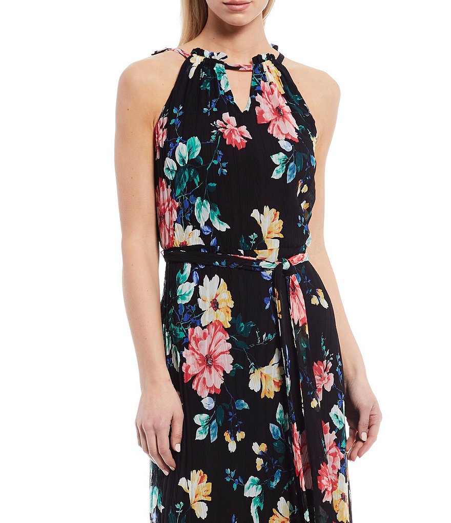 Kensie Halter Floral Print Pleated Sleeveless Chiffon Midi Dress