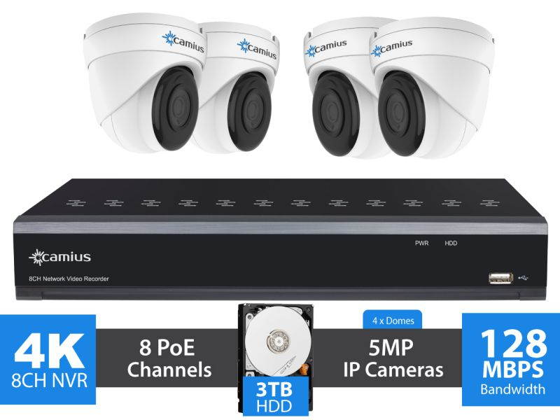 Camius 4K 8 Channel PoE NVR Security Camera System with 3TB Hard Drive, 4 Wired Audio Video IP Dome Surveillance Ethernet Cameras (built-in mic, night vision), PC, Browser Viewer, Camera App 8P4I3T