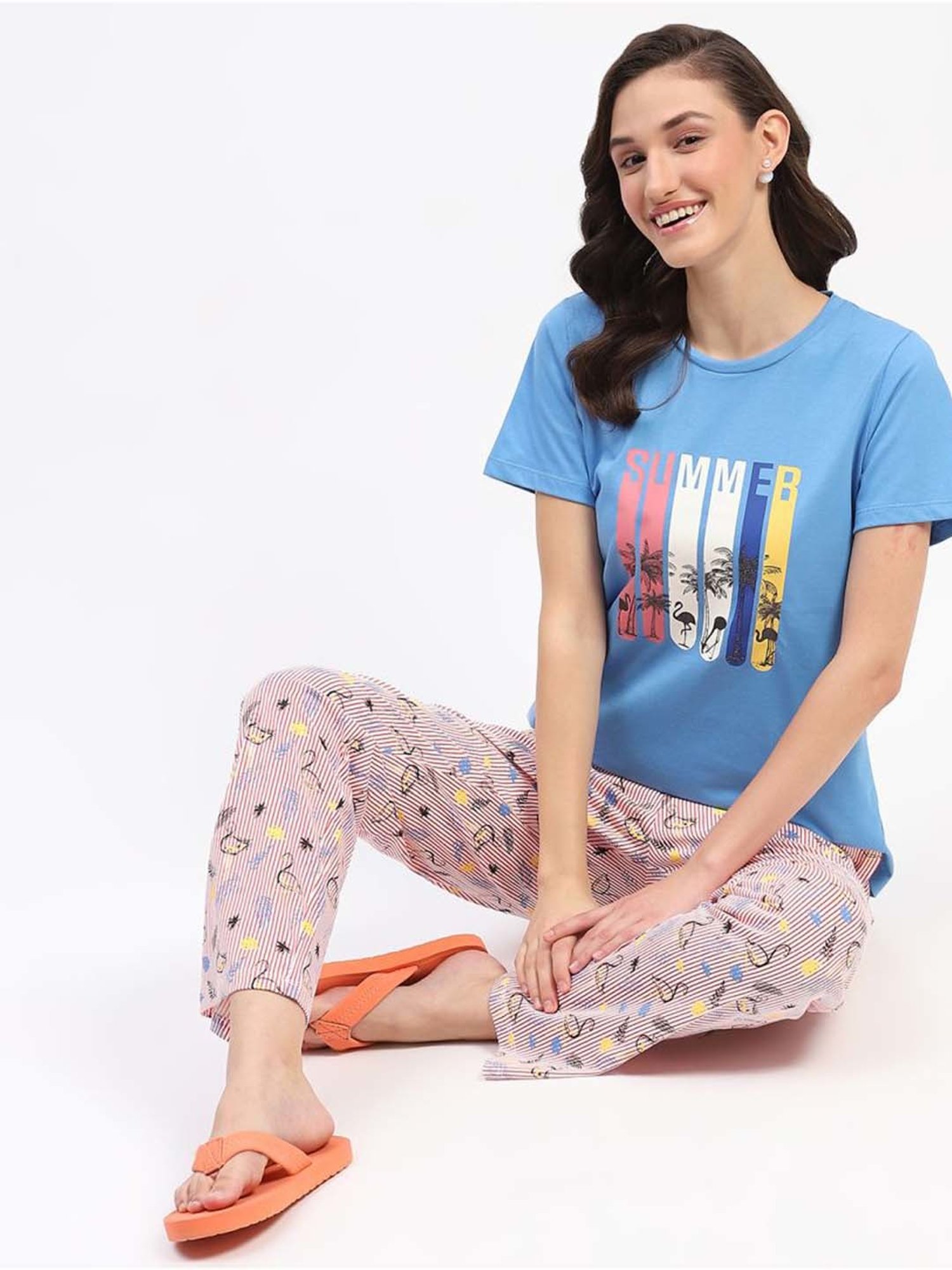 MADAME M Secret Blue Cotton Printed T-Shirt Pyjamas Set