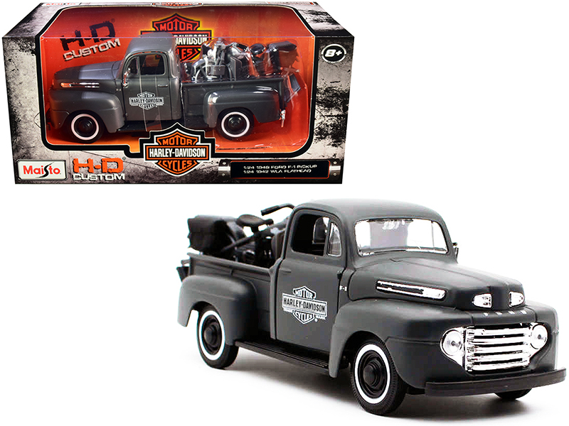 1948 Ford F-1 Pickup Truck "Harley Davidson" with 1948 Harley Davidson FL Panhead Motorcycle Black and Green 1/24 Diecast Models by Maisto