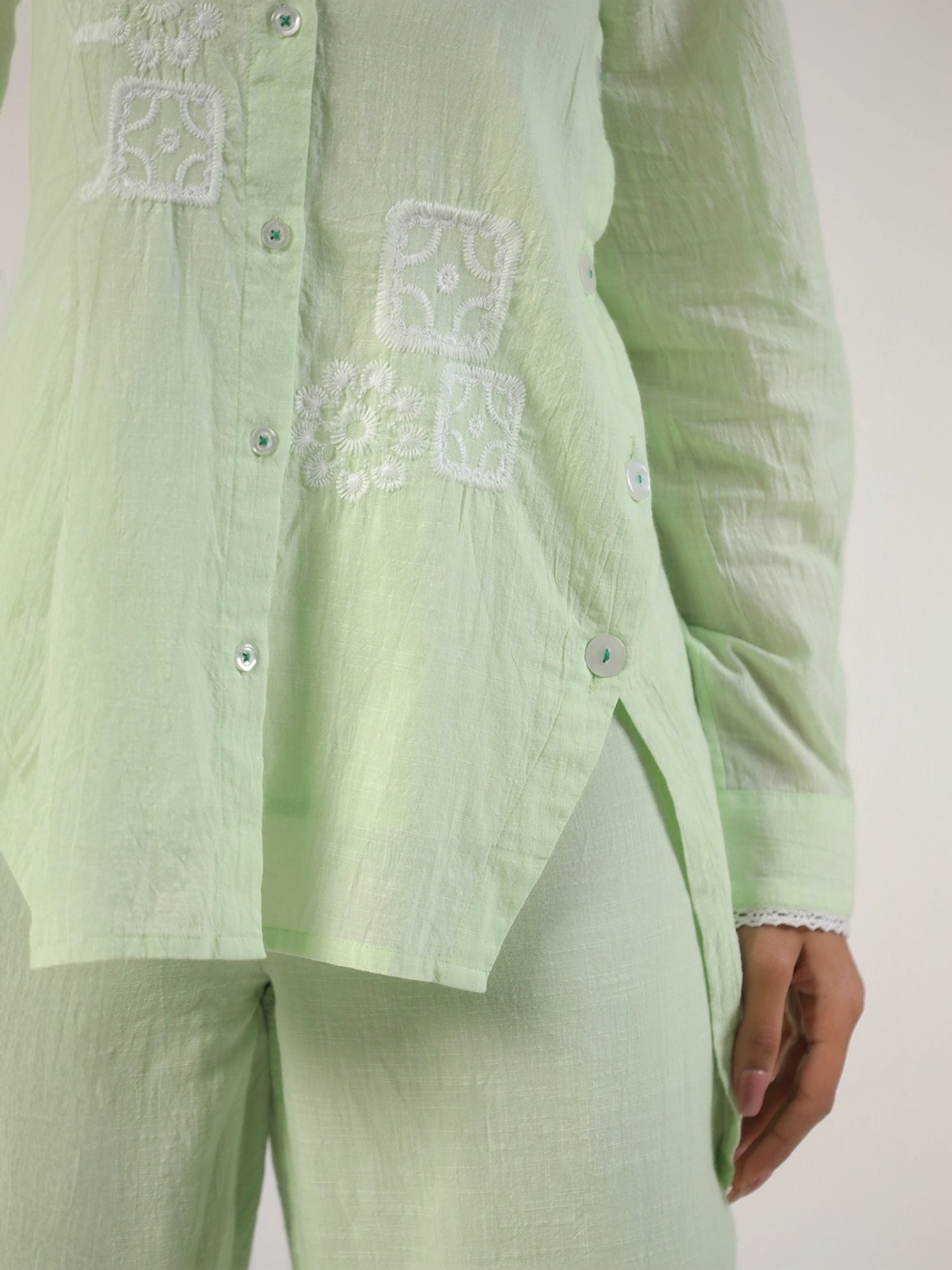 Zolo Label Pista Green Cotton Embroidered Shirt Palazzo Set