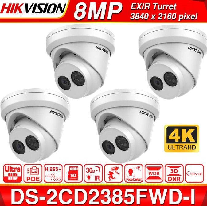Hikvision 8MP 4K UltraHD Outdoor Security POE IP Camera DS-2CD2385FWD-I ,EXIR 98ft Night Vision ,2.8mm fixed Lens Turret camera, Smart H.265+, SD Card Slot, WDR ,DNR, IP67,ONVIF,1-Pack