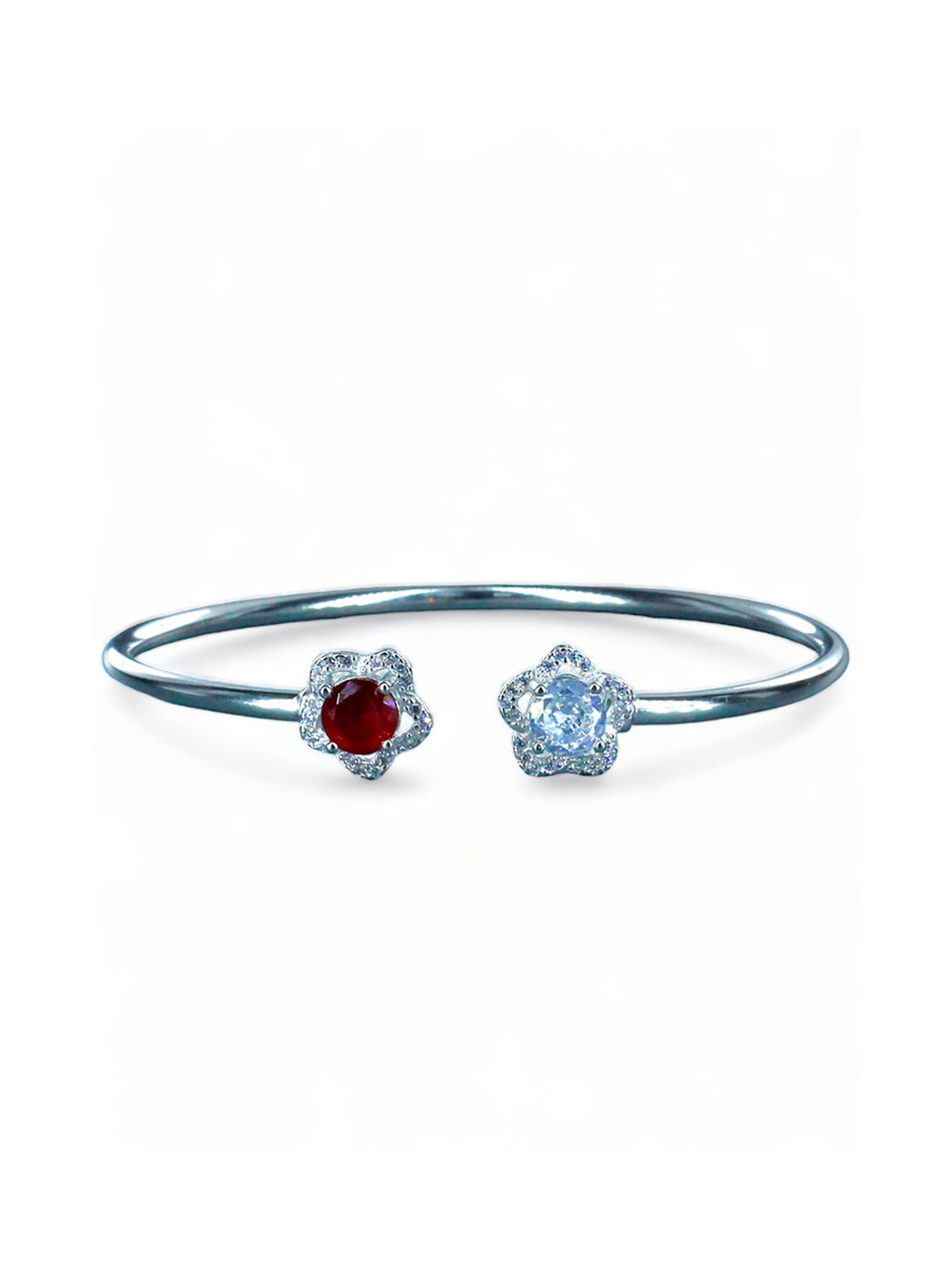 Taraash 925 Sterling Silver Floral Design Red CZ Bangle For Women