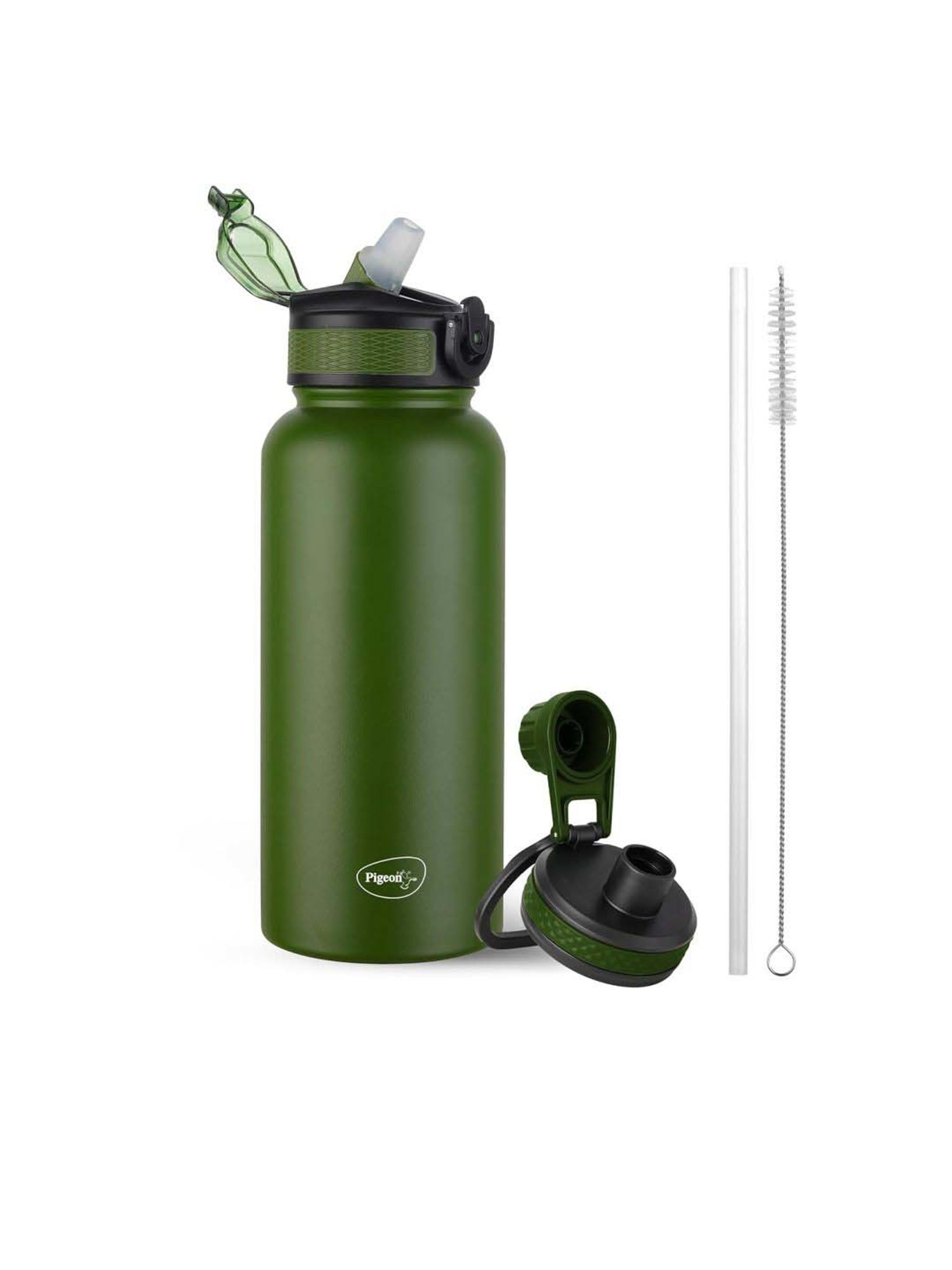 Pigeon Green Stainless Steel Rush Thermos Flask With Straw & Screw Cap (1 L)