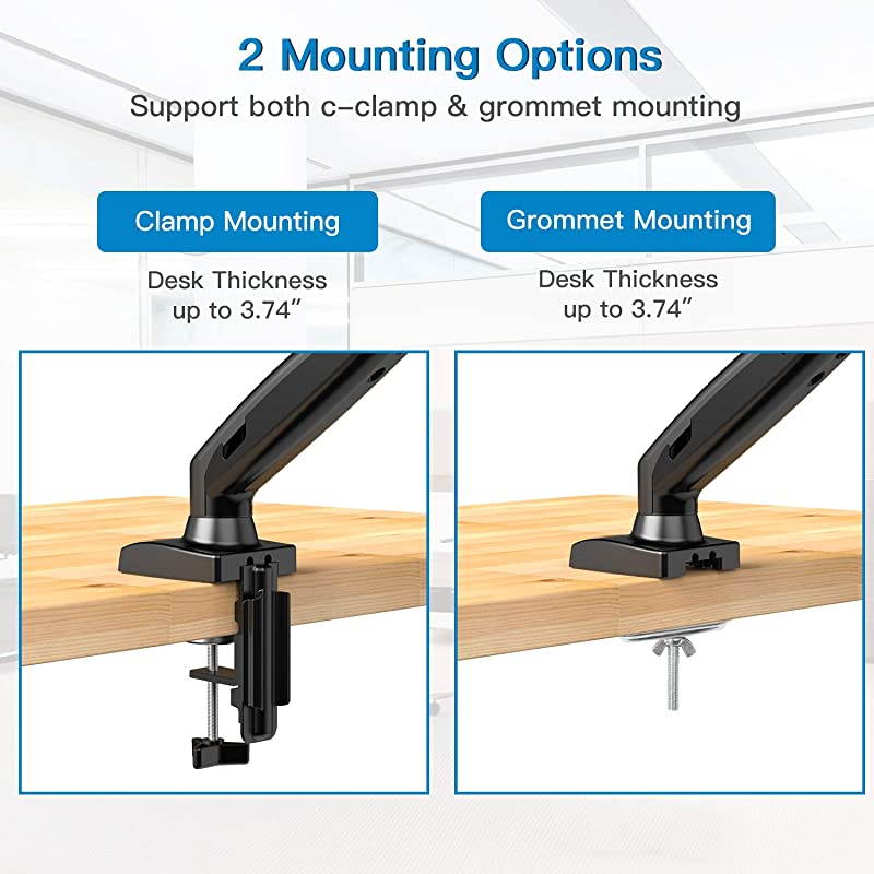 Monitor Mount Articulating Gas Spring Monitor Arm Adjustable VESA Mount Desk Stand with Clamp and Grommet Base Fits 17 to 27 Inch LCD Computer Monitors 44 to 143lbs