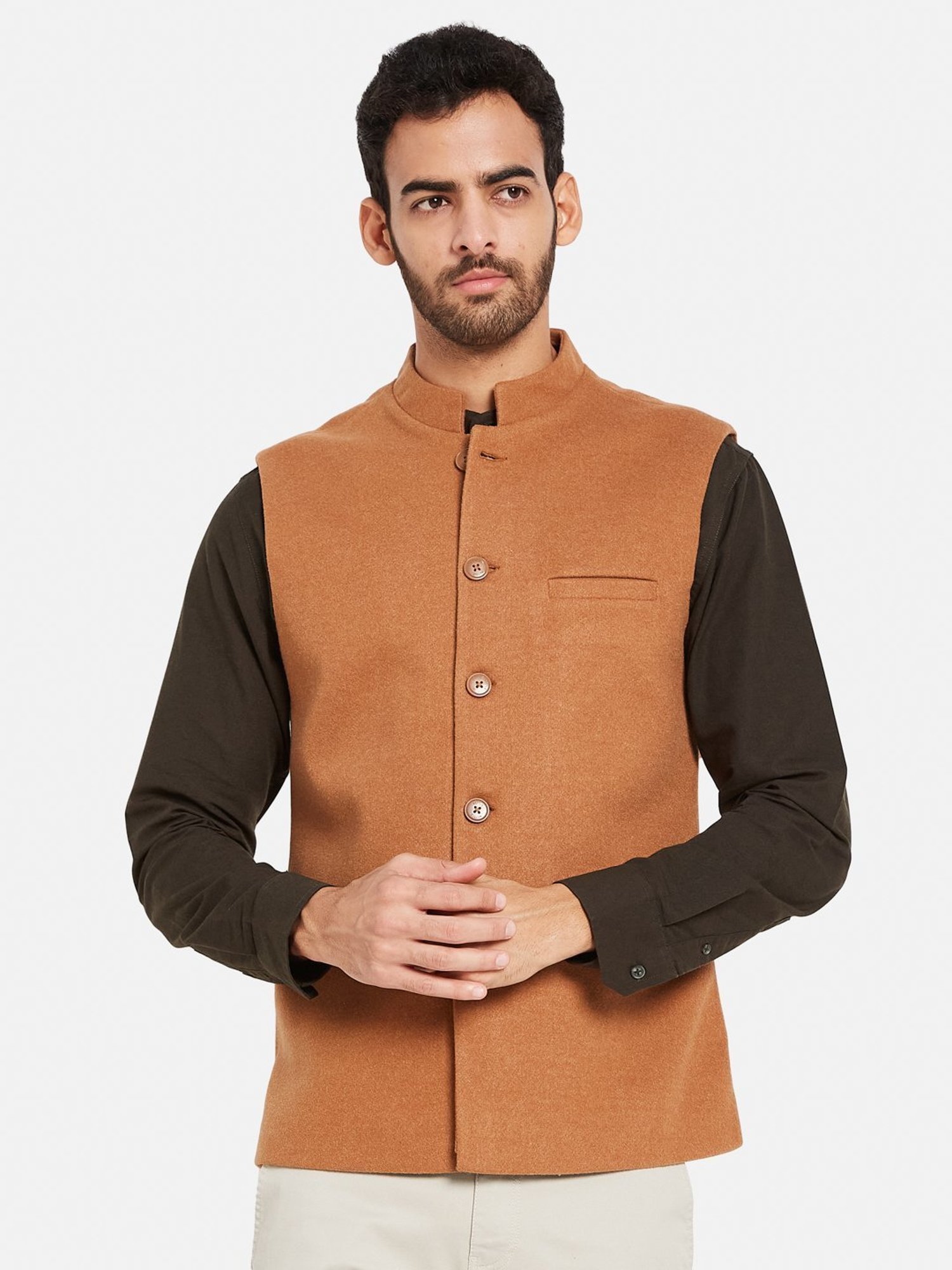 METTLE Tan Cotton Linen Regular Fit Nehru Jacket