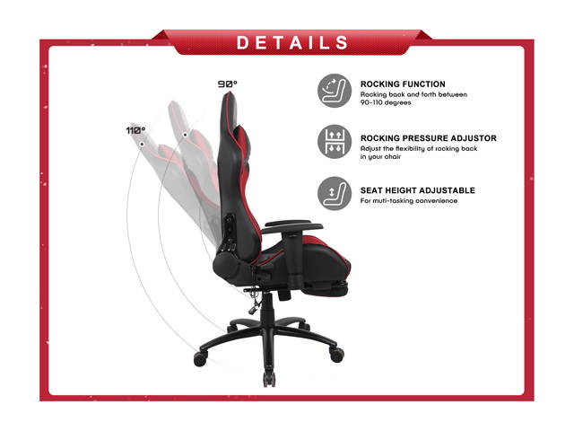 Massage Racing Chair with Retractable Footrest Gaming Chair - Computer Office Adjustable Lumbar Cushion Headrest Swivel Rocking Function Desk Chair 5 Colors
