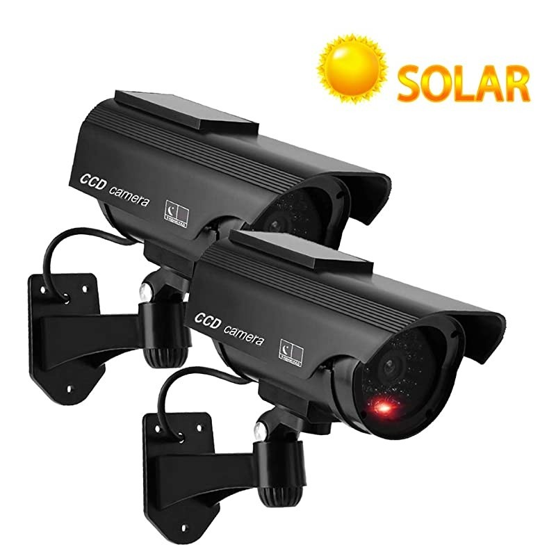 Solar Powered Bullet Dummy Fake Simulated Surveillance Security CCTV Dome Camera IndoorOutdoor Use with Flashing Red LED Light amp Warning Security Alert Sticker Decal