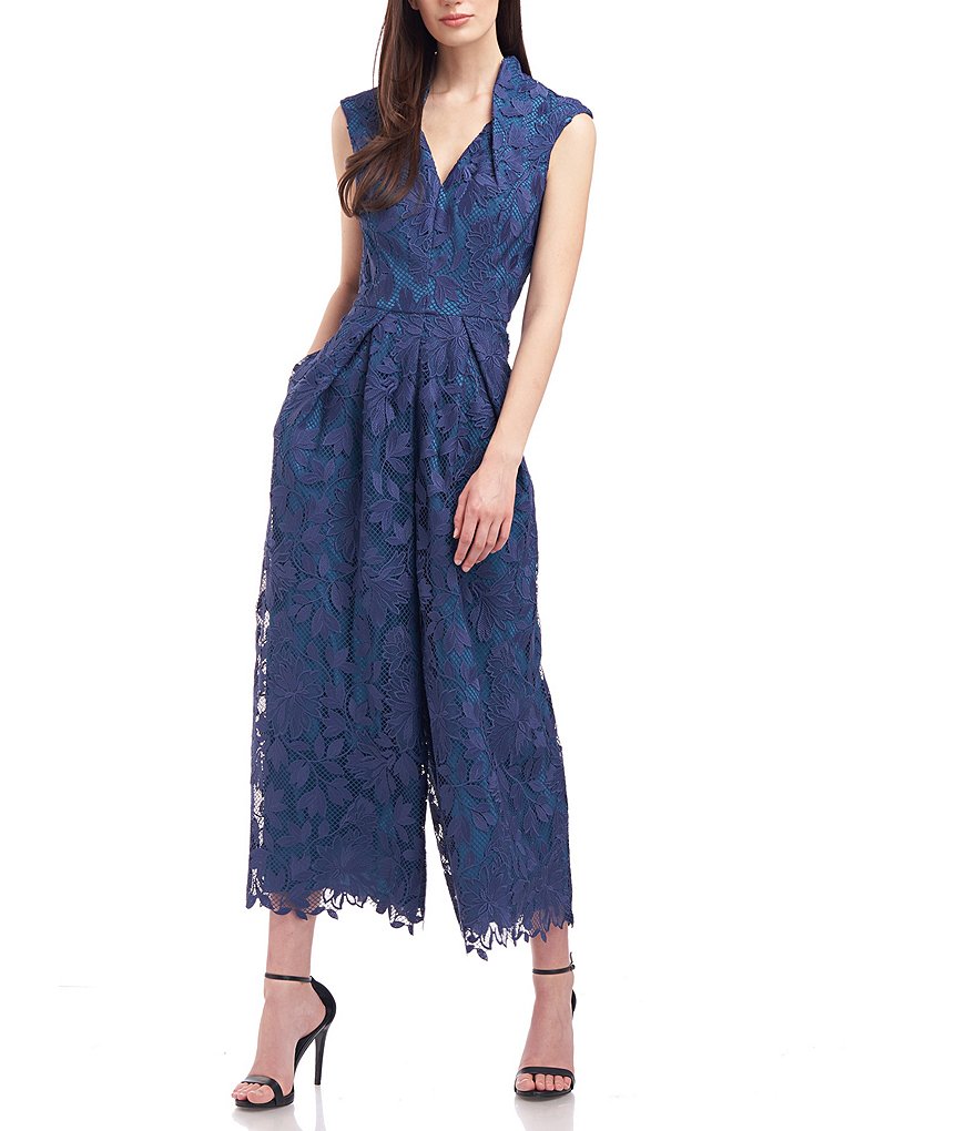 Kay Unger V-Neck Cap Sleeve Pleated Floral Lace Crop Jumpsuit