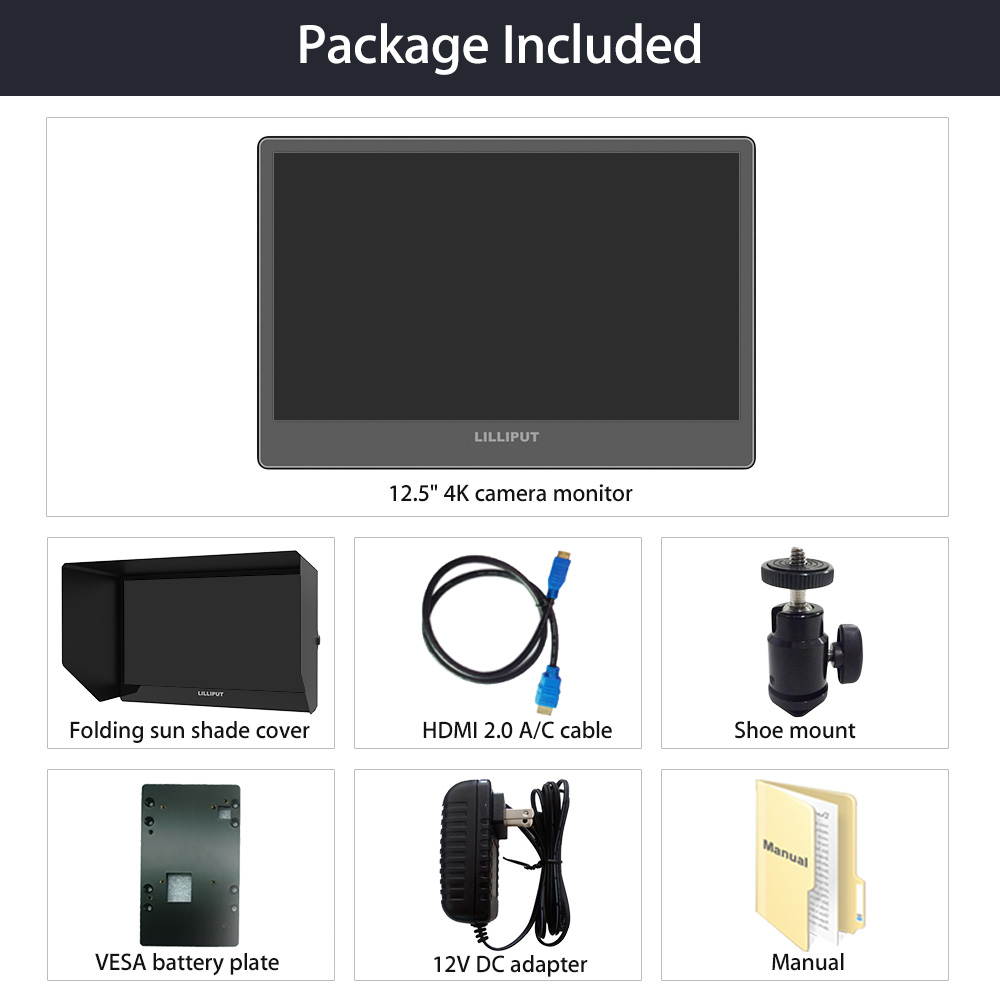 Lilliput 12.5 inch Monitor 4K 3840x2160 HDMI Quad View 3G-SDI input for Camera Top DSLR Field Display