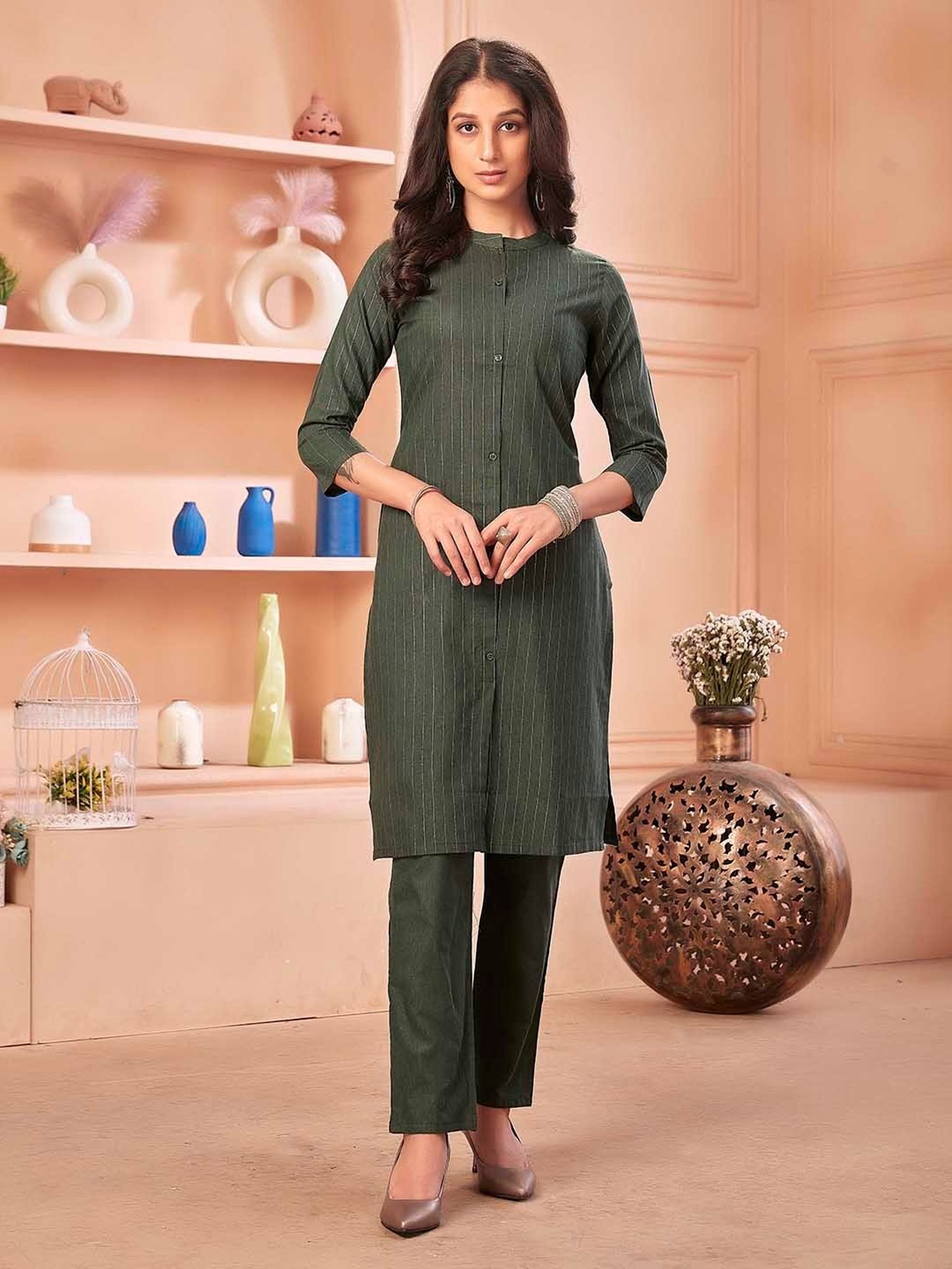 Anubhutee Green Striped Kurta Pant Set