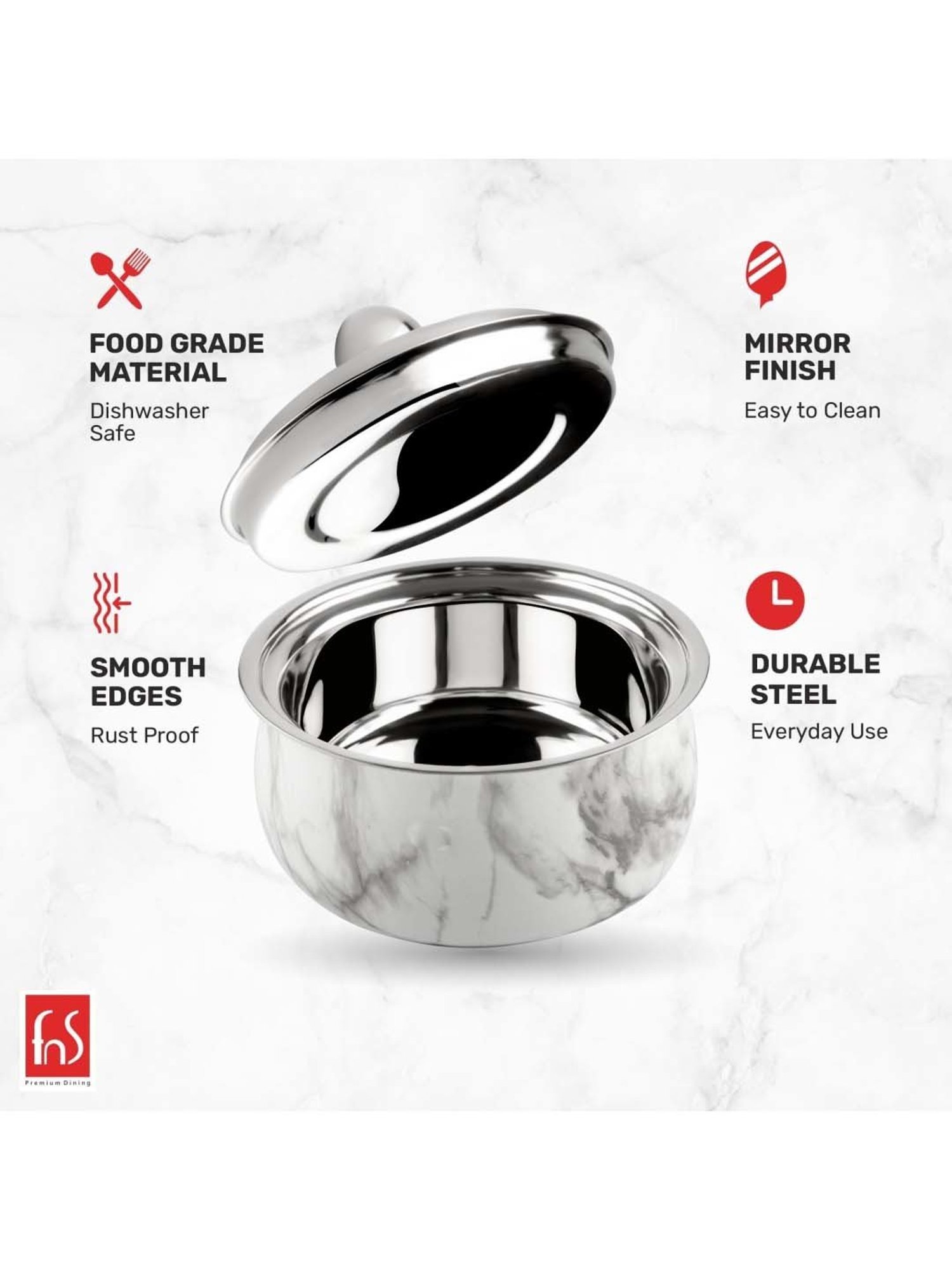 FnS Marbella White Stainless Steel Casserole With Lid (3 L)