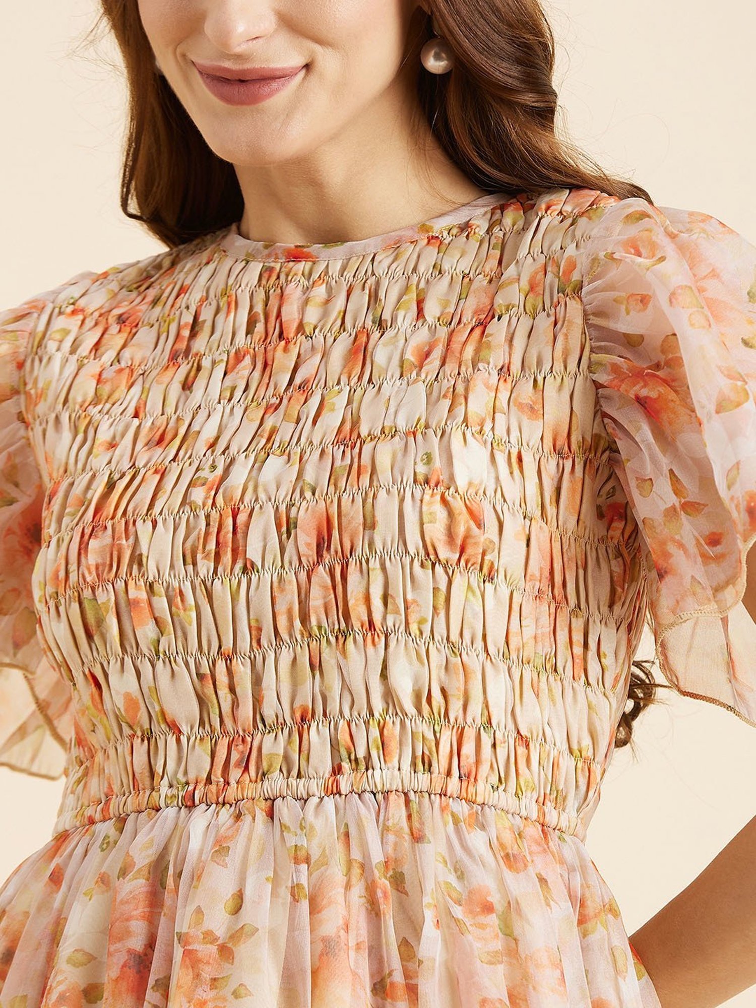 PANIT Peach Floral Print Ethnic Dress