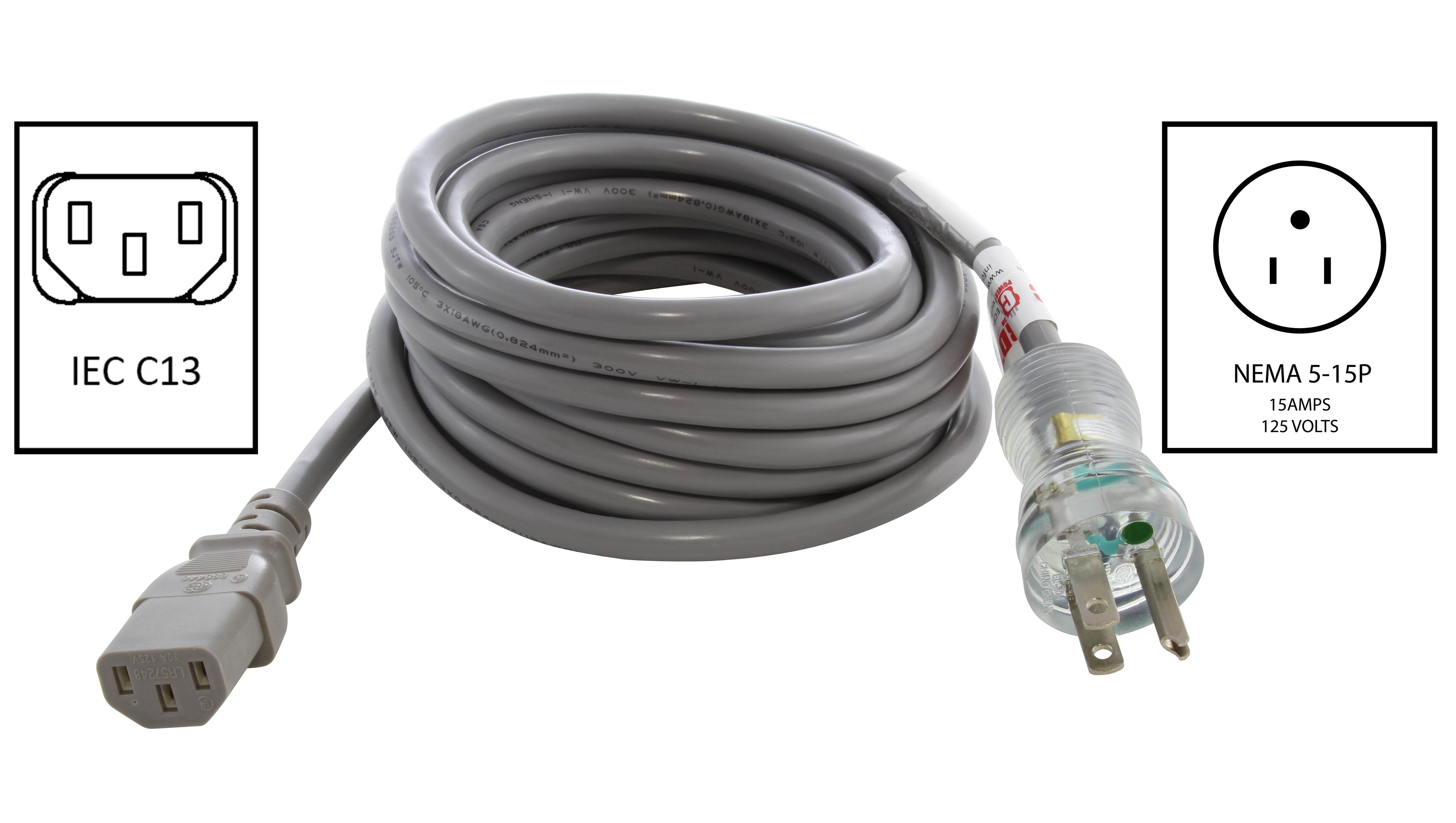 15ft. 15A 14/3 Medical Grade Power Cord With IEC C13 Connector