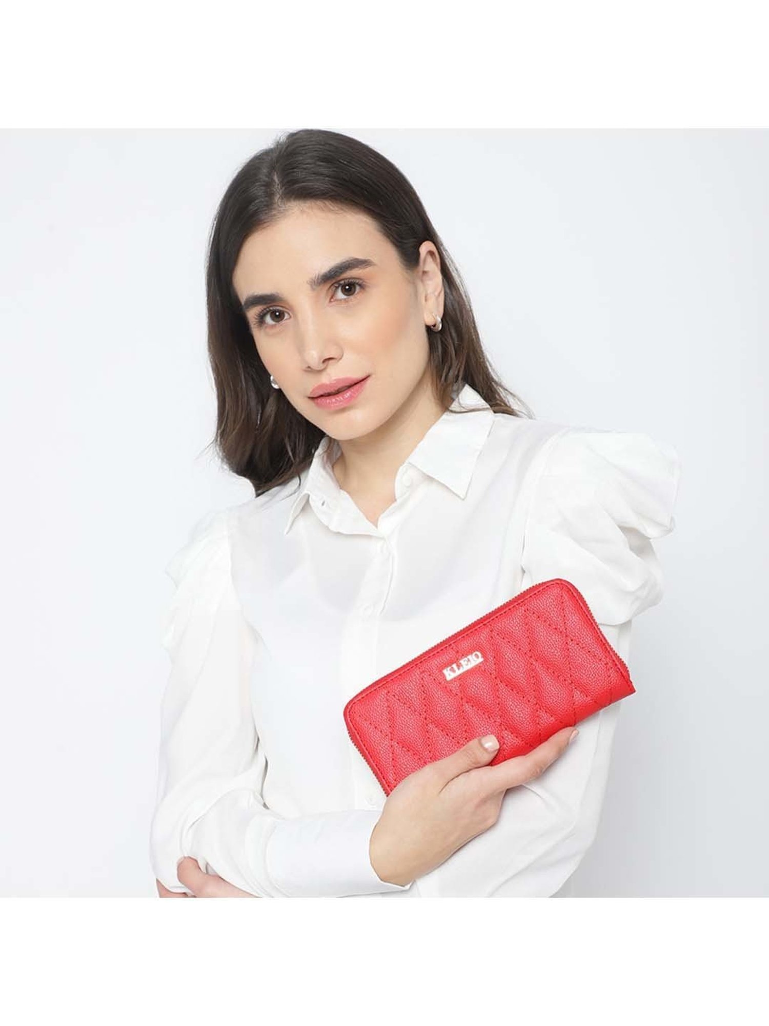 KLEIO Red Quilted Zip Around Wallet for Women