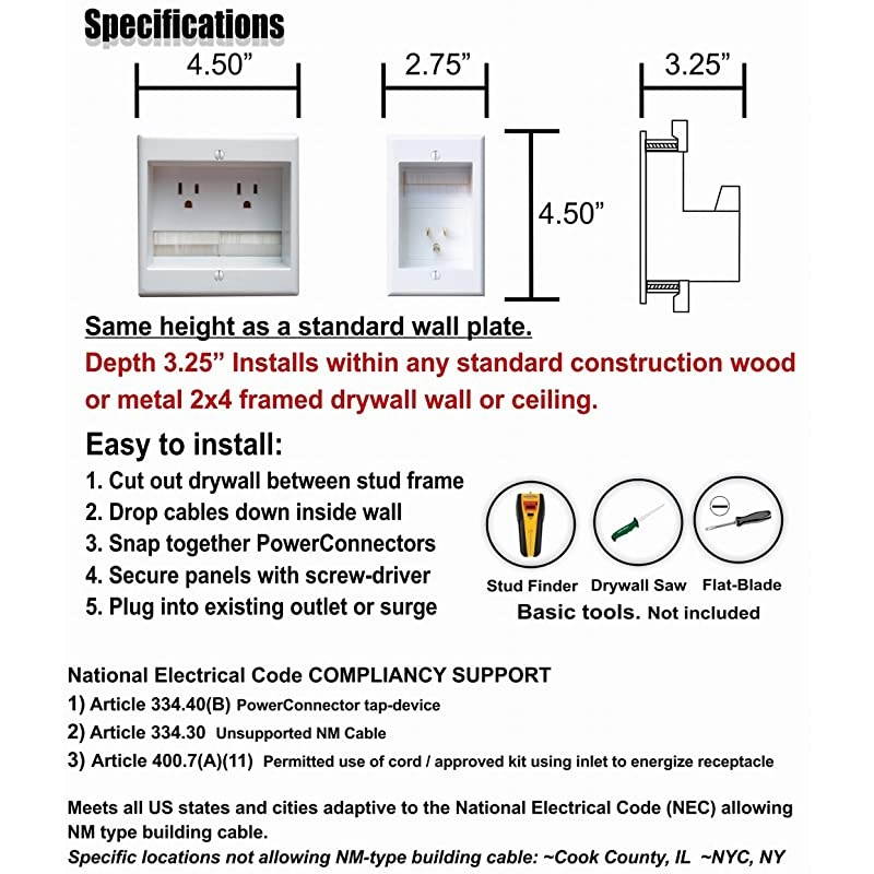 TWOCK Dual Outlet Recessed InWall Cable Management System with PowerConnect for WallMounted Flat Screen LED LCD and Plasma TVs
