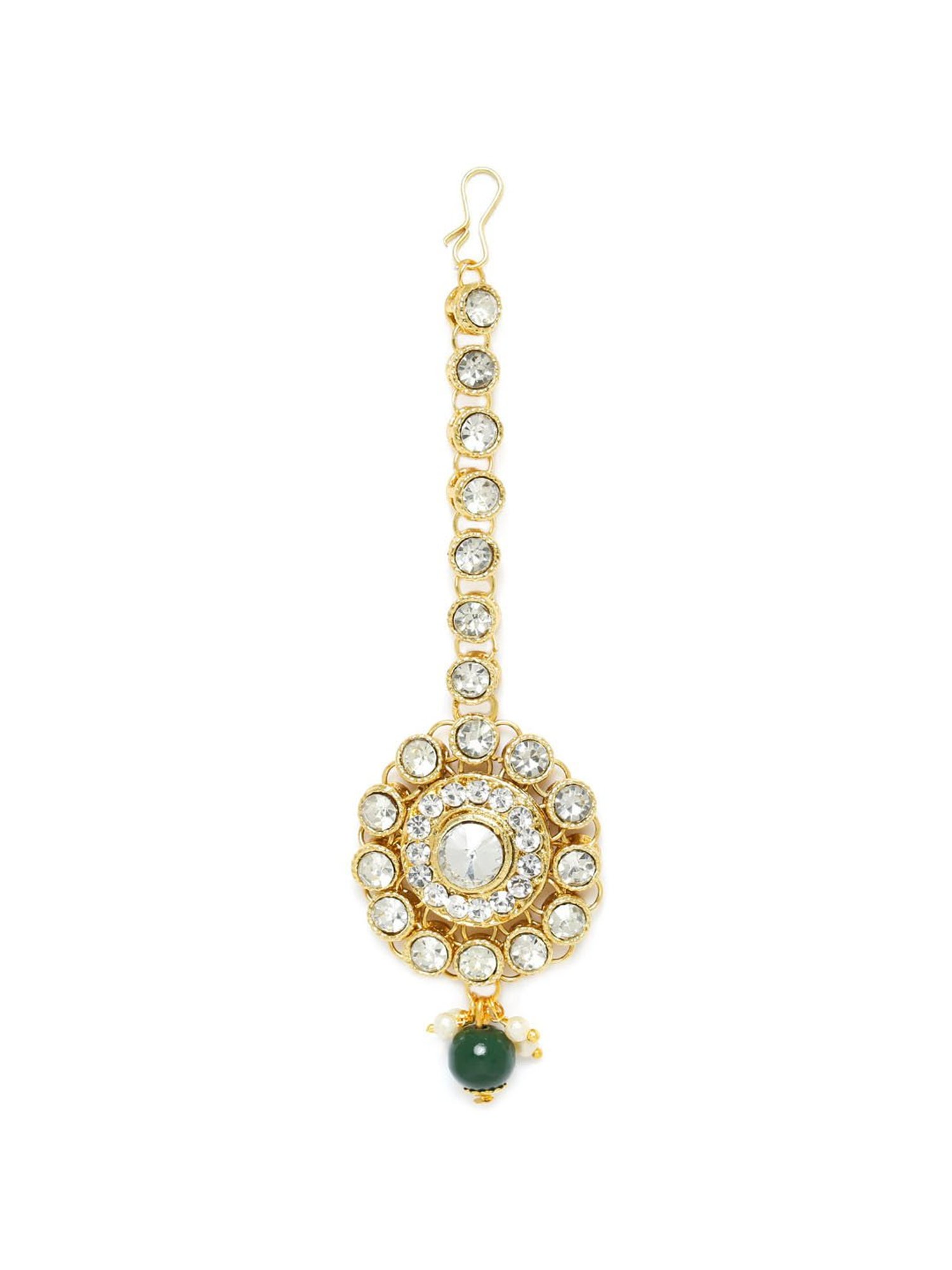 OOMPH Green Beads & Kundan Multi Layer Choker Necklace Set with Drop Earrings & Maangtikka