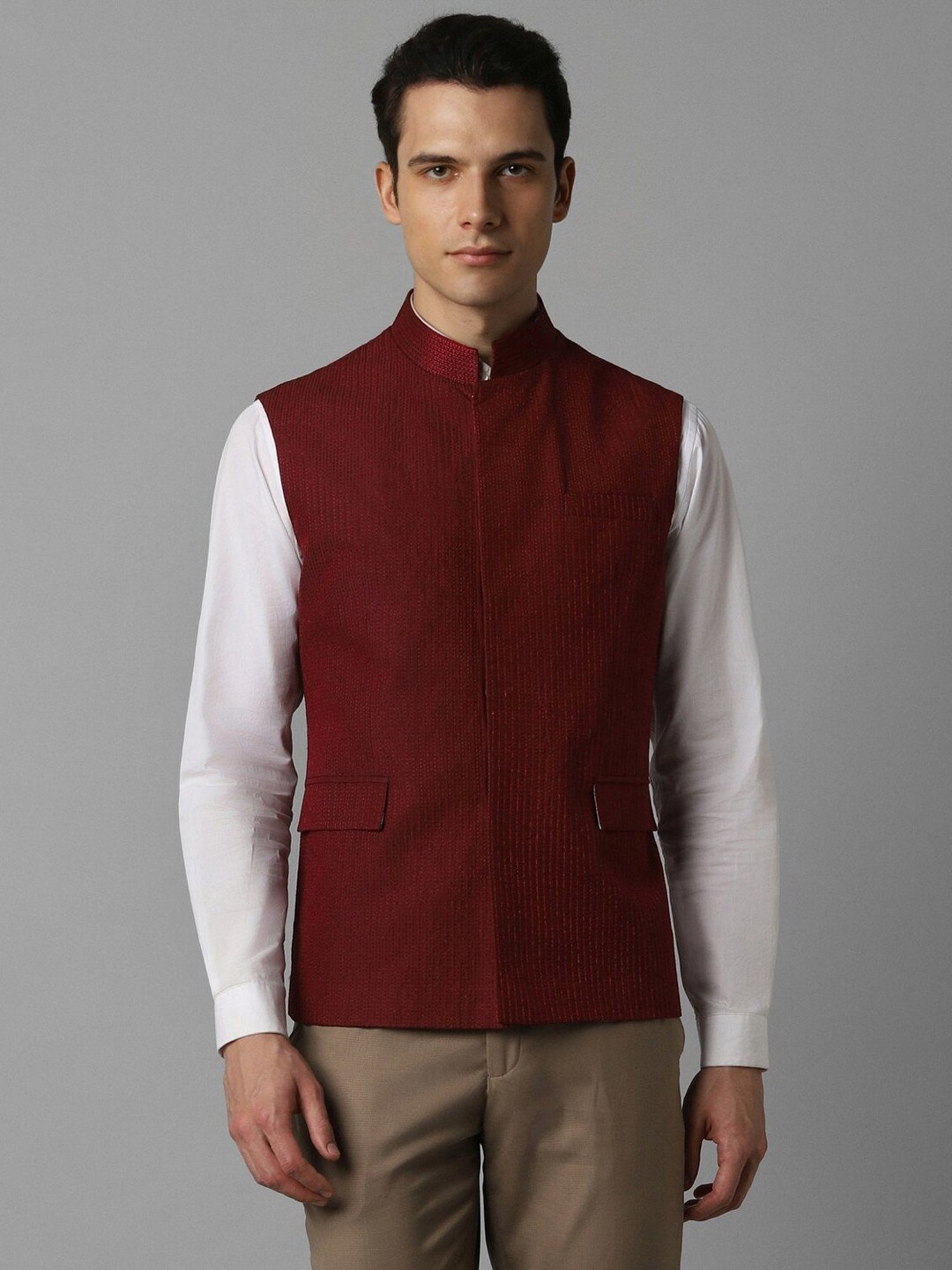 Louis Philippe Maroon Slim Fit Self Pattern Nehru Jacket