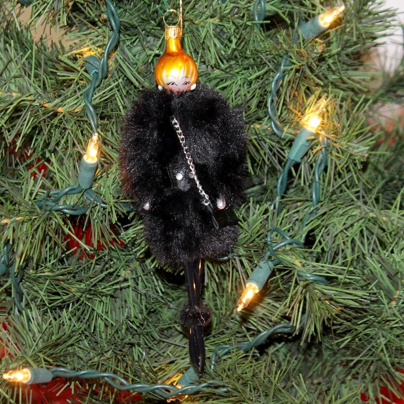 Italian Ornaments 6.75" Rose In Faux Black Fur Jacket Ornament Italian Diva Lady  -  Tree Ornaments