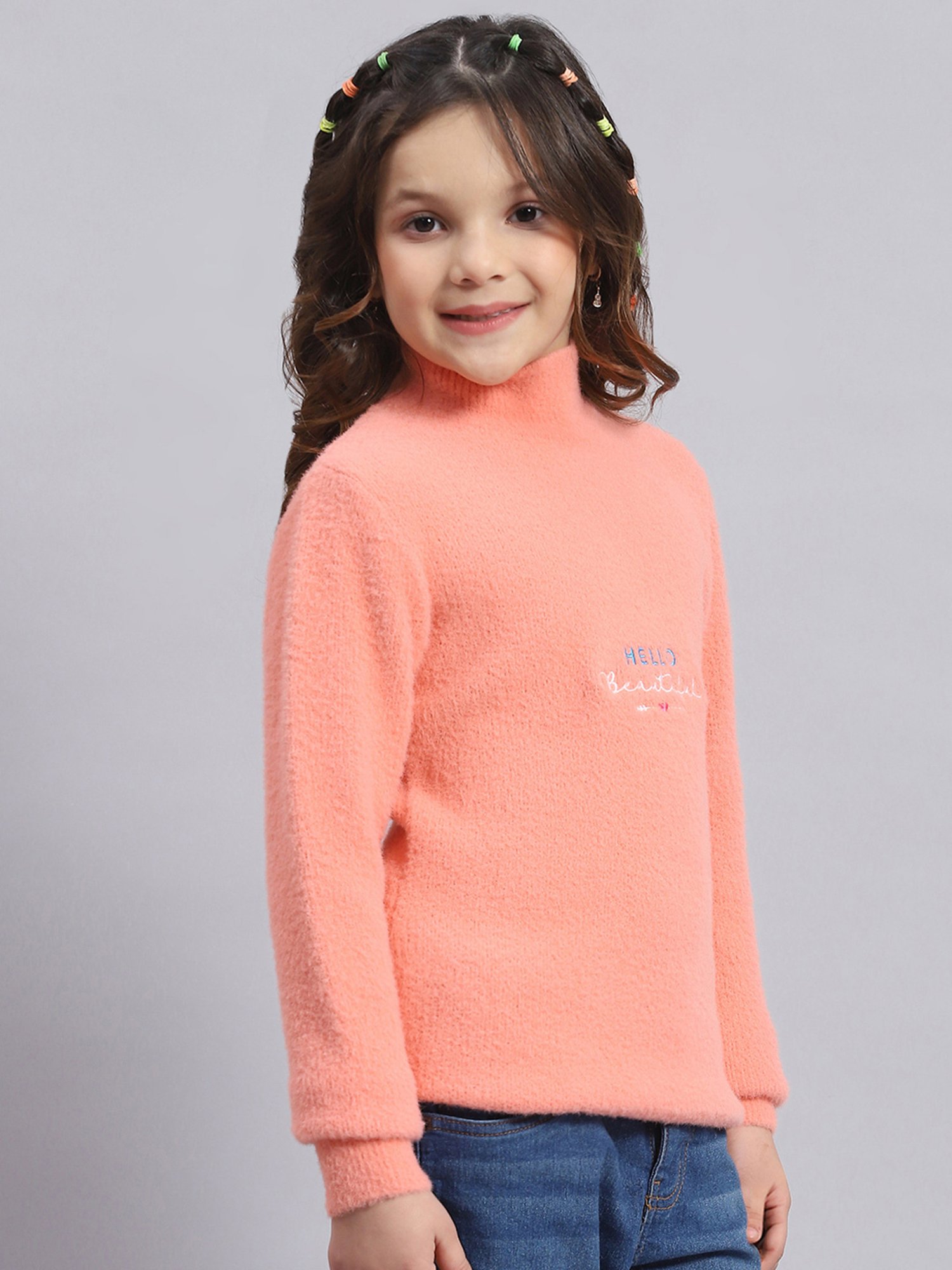 Monte Carlo Kids Peach Solid Full Sleeves Sweater