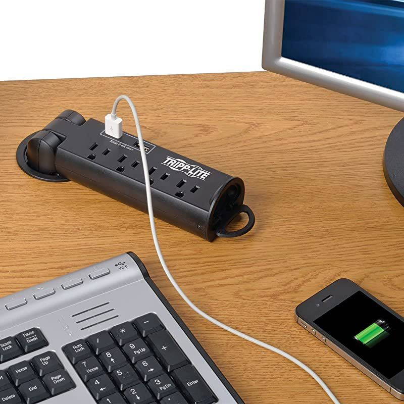 4 Outlet Desktop Surge Protector Power Strip for Grommet Installation 2 USB Charging Ports 10ft Cord TLP410DMUSB