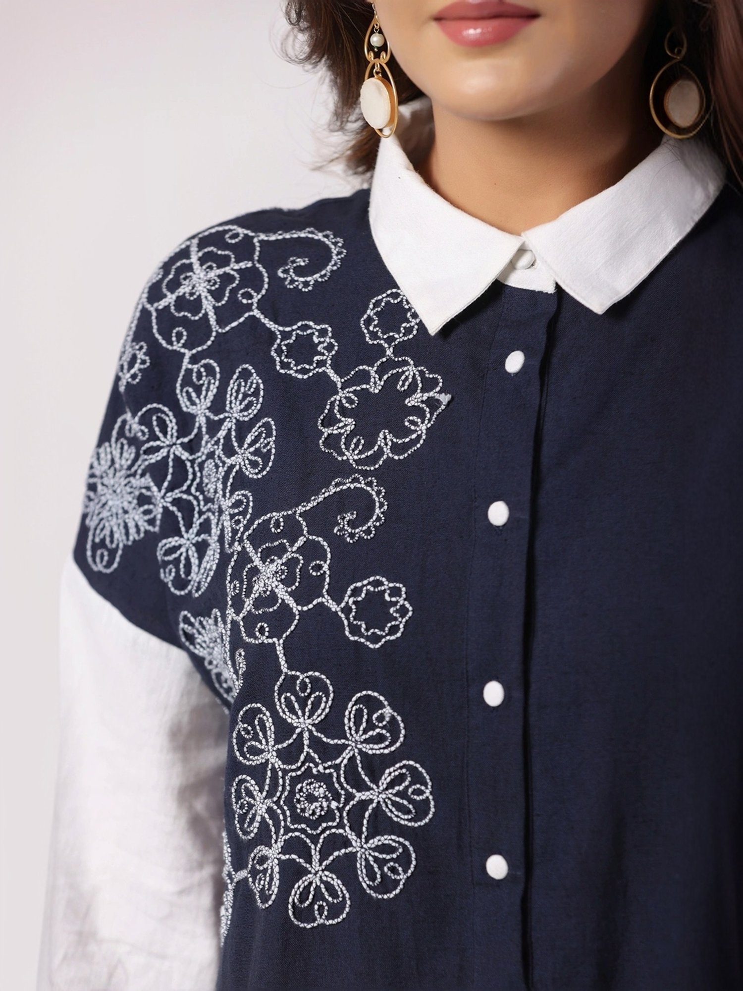 Zolo Label Navy Cotton Embroidered Shirt Palazzo Set