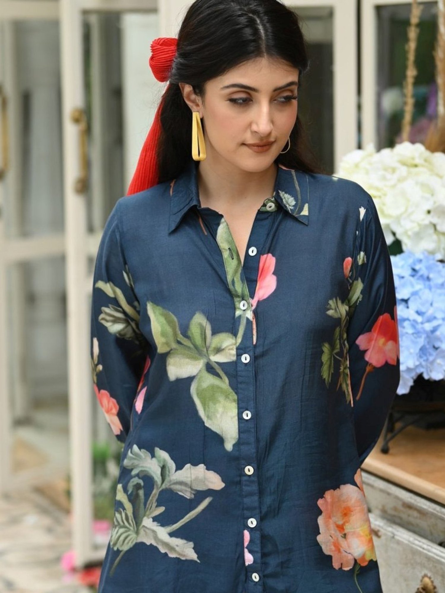 Mahee Jaipur Blue Brush Floral Print Shirt with Pant Co-ord Set